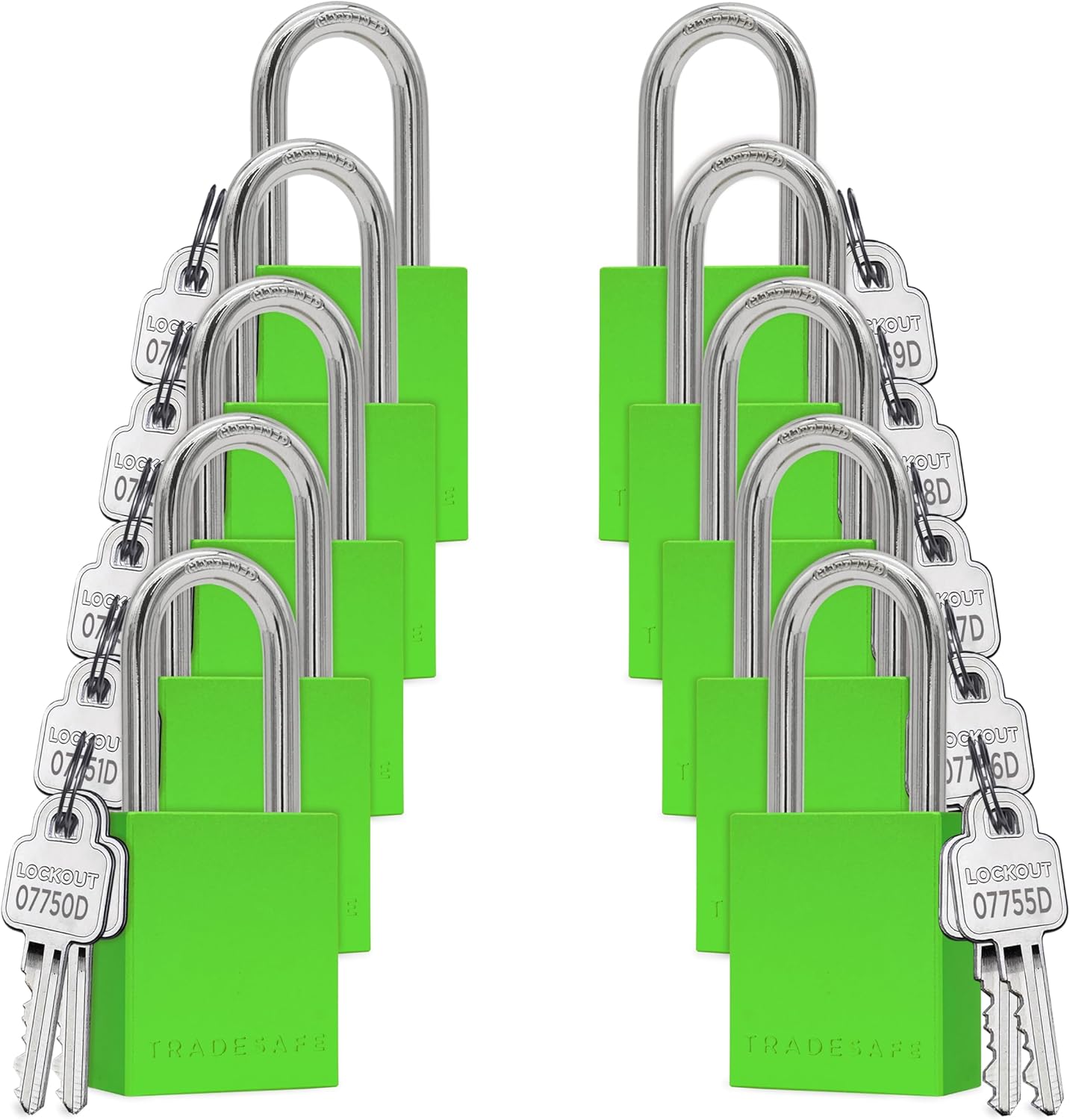 TRADESAFE Lockout Tagout Locks Set - 10 Green Aluminum Loto Locks, Keyed Different Lock Out Tag Out Padlocks, 2 Keys Per Lockout Padlock, OSHA Compliant