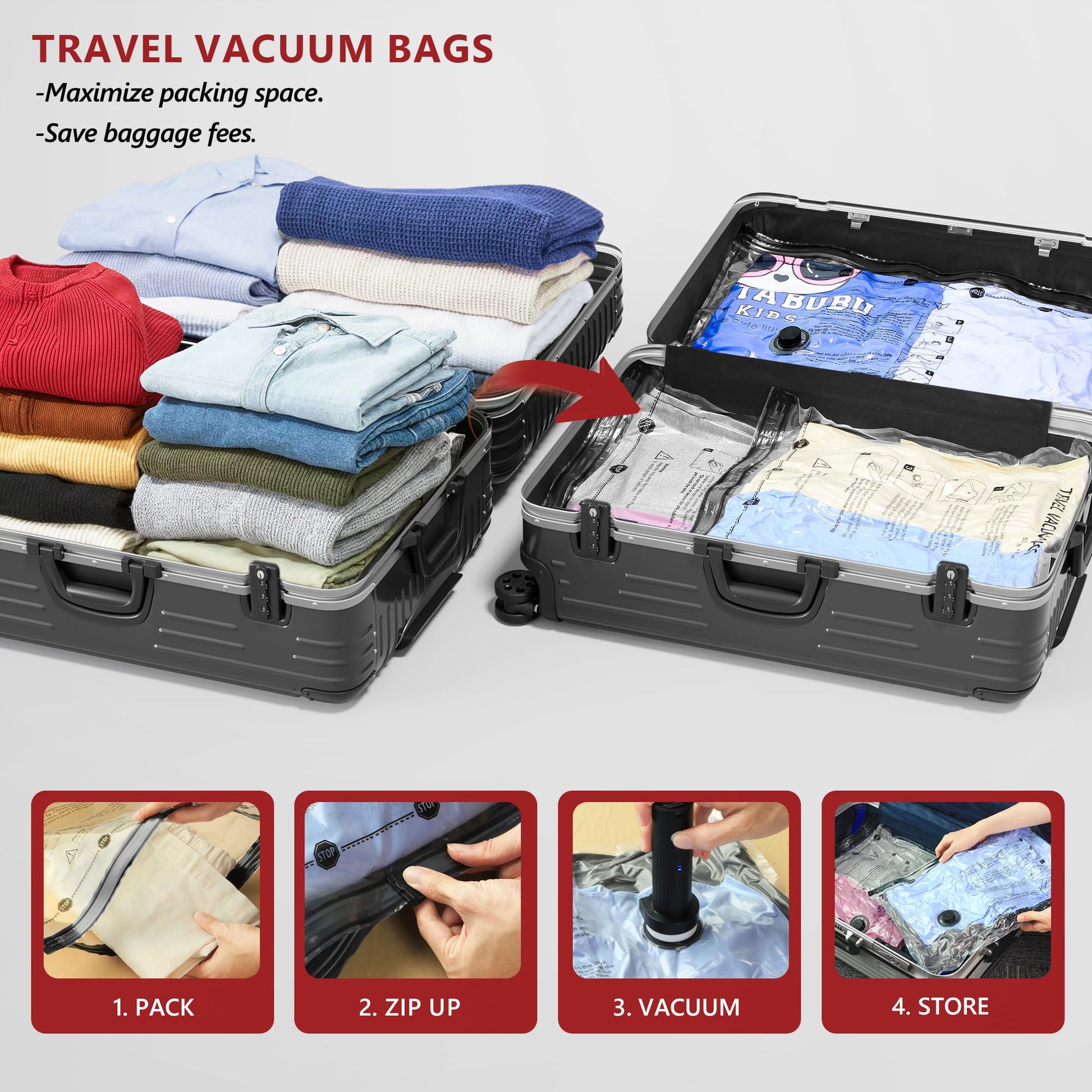 Travel Vacuum Bags for Clothing with Rechargeable Electric Pump, Compression Packing Cubes