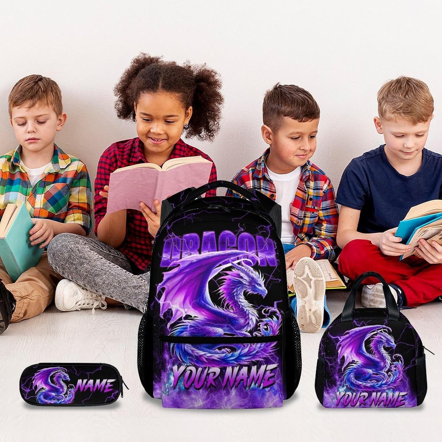 Personalized Kids Backpack with Lunch Box, Dragon Backpack for Girls Boys, 17 Inch Custom School Bag Set for Primary, Large Capacity School Supplies