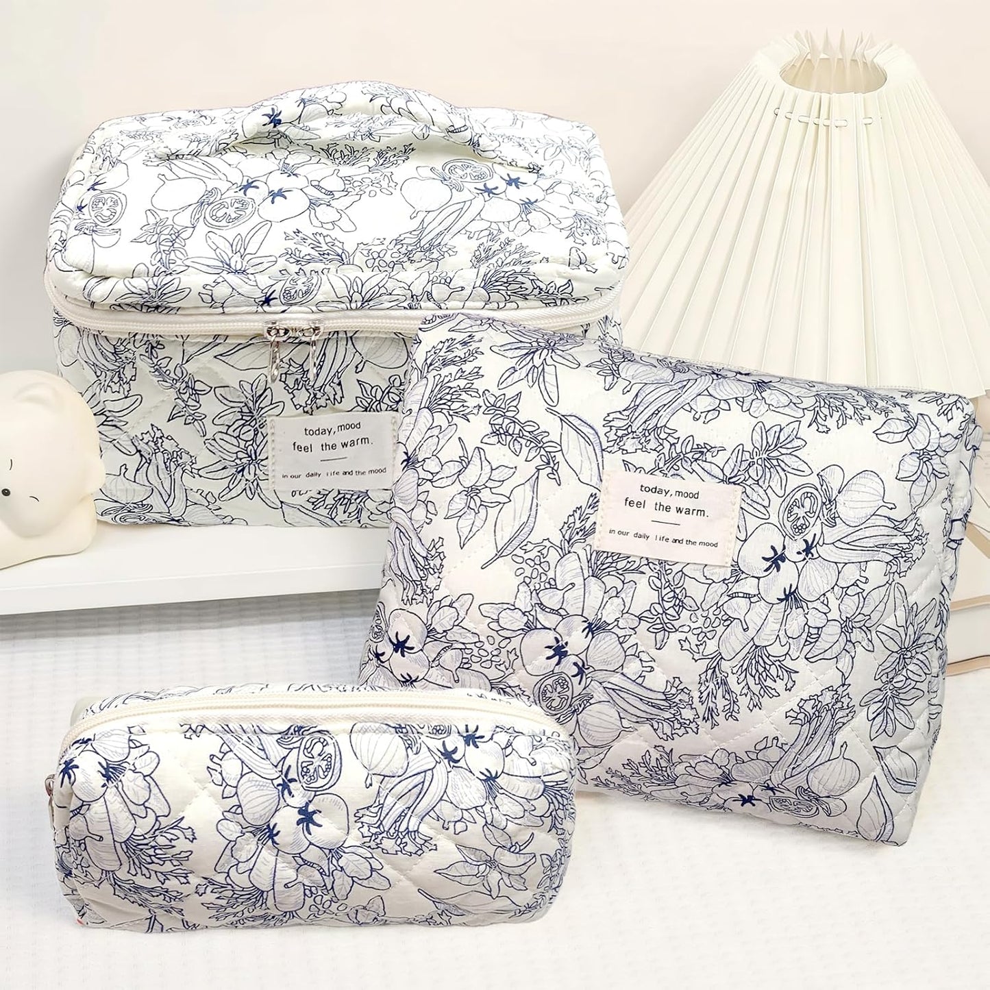 Quilted Makeup Bag, Large Capacity Travel Cosmetic Bag for Women and Girls, Aesthetic Storage for Daily and Travel Use (3pcs-BlackFloral)