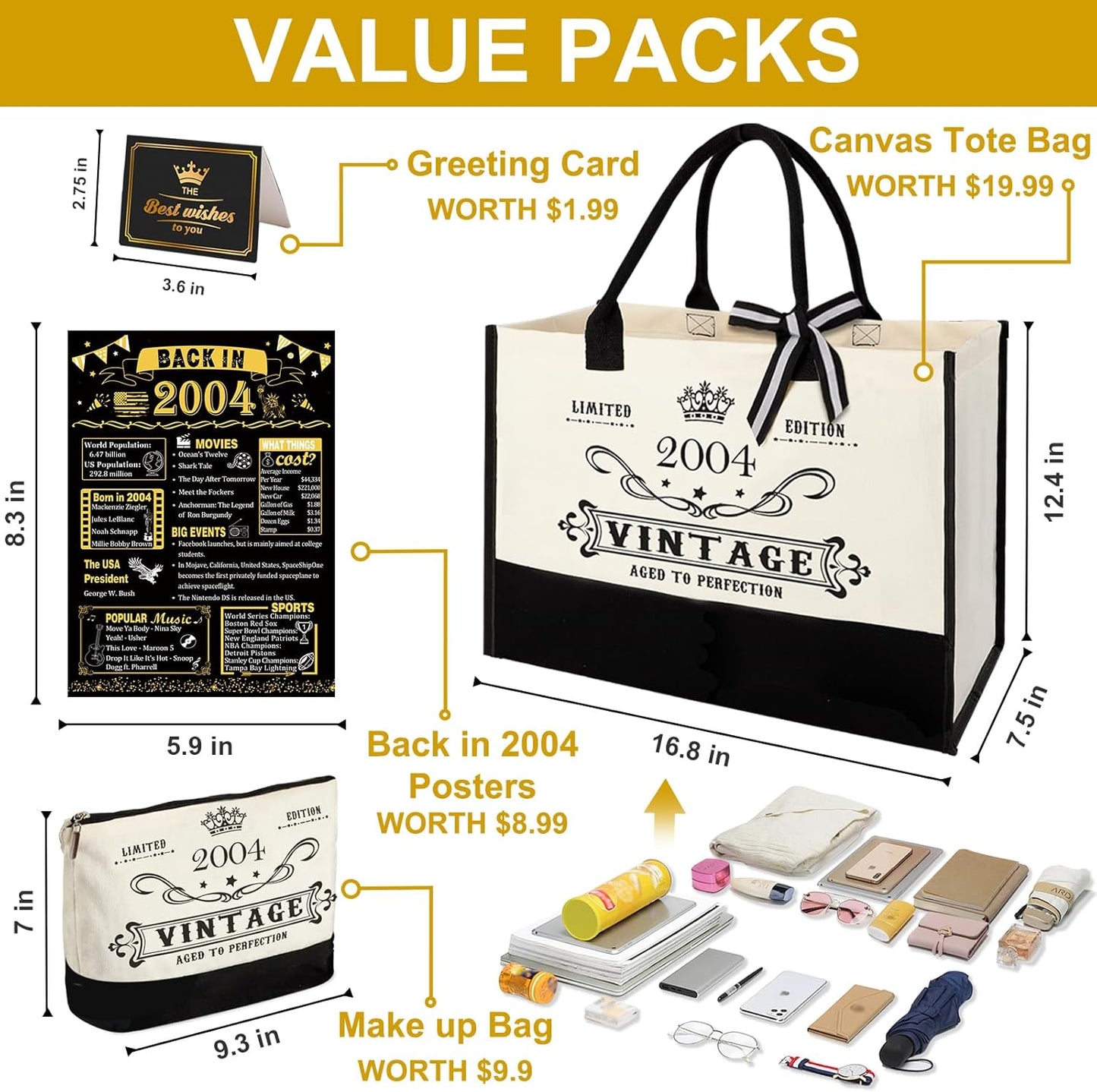 21st Birthday Gifts for Her Canvas Tote Bag Travel Gear, Unique 21 Years Old Birthday Gifts for Girlfriend Sister Friends Women, Vintage 2004 Handbag & Cosmetic Bag & Back in 2004 Poster