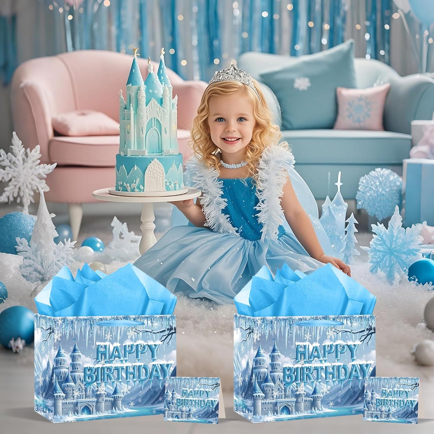 Frozen Birthday Gift Bag with Greeting Card and Tissue Paper Large Snow Frost Castle Party Favor Bags Frozen Birthday Wrapping Paper Bags Treat Candy Bags with Handle for Bday Christmas Winter Gift
