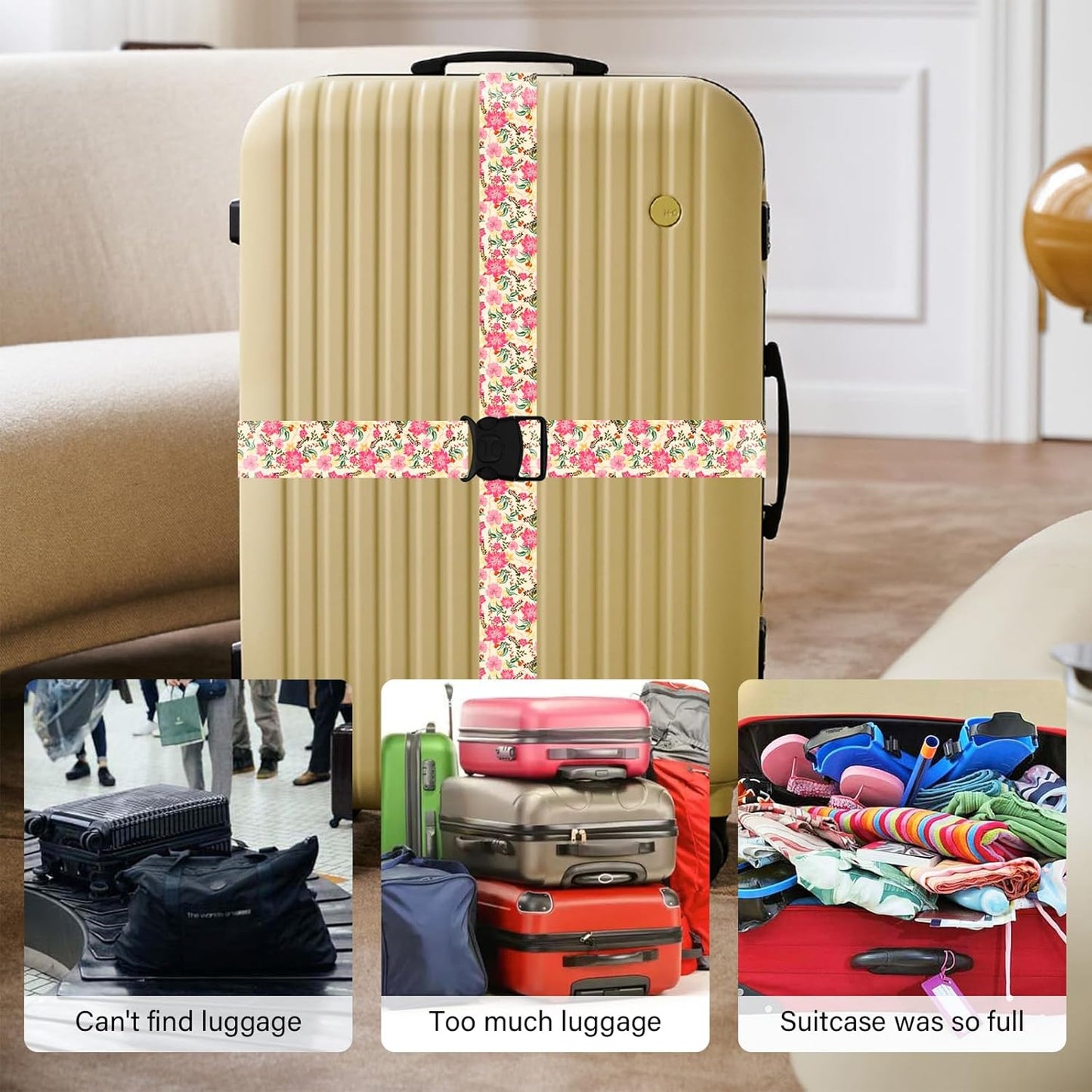 Luggage Straps for Suitcases, Travel Adjustable Belt with Quick Release Buckle, Heavy Duty Nylon Bag Packing Strap, Unique Bright Identifiers Business Travel Accessories (2 Pack) - Pink Flowers