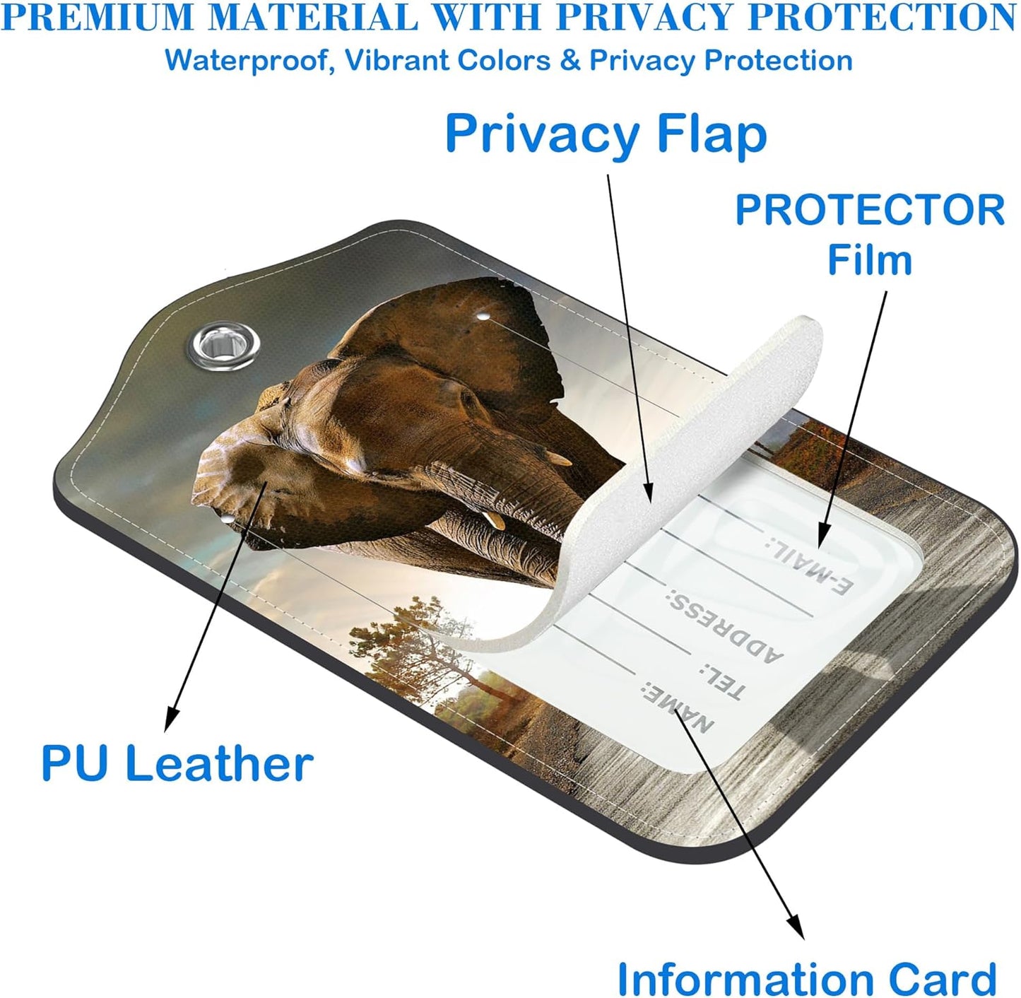 2 Pcs Luggage Tags for Suitcases, Walking Elephant Leather Bag Tags for Luggage Privacy Cover Name ID Label with Stainless Steel Loop Cruise Airport Travel Essentials