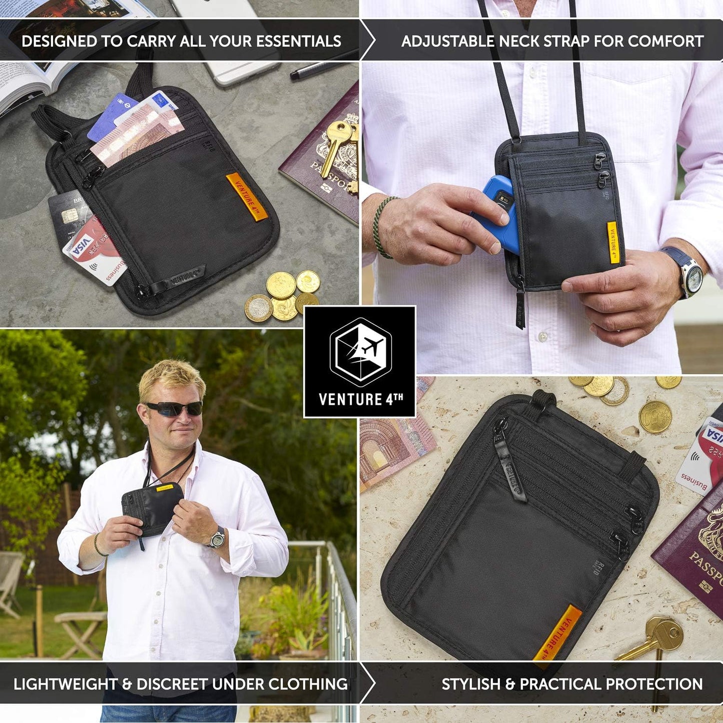VENTURE 4TH Slim Passport Holder Neck Pouch with RFID Blocking Travel Neck Wallet and Nylon Lining (Black)