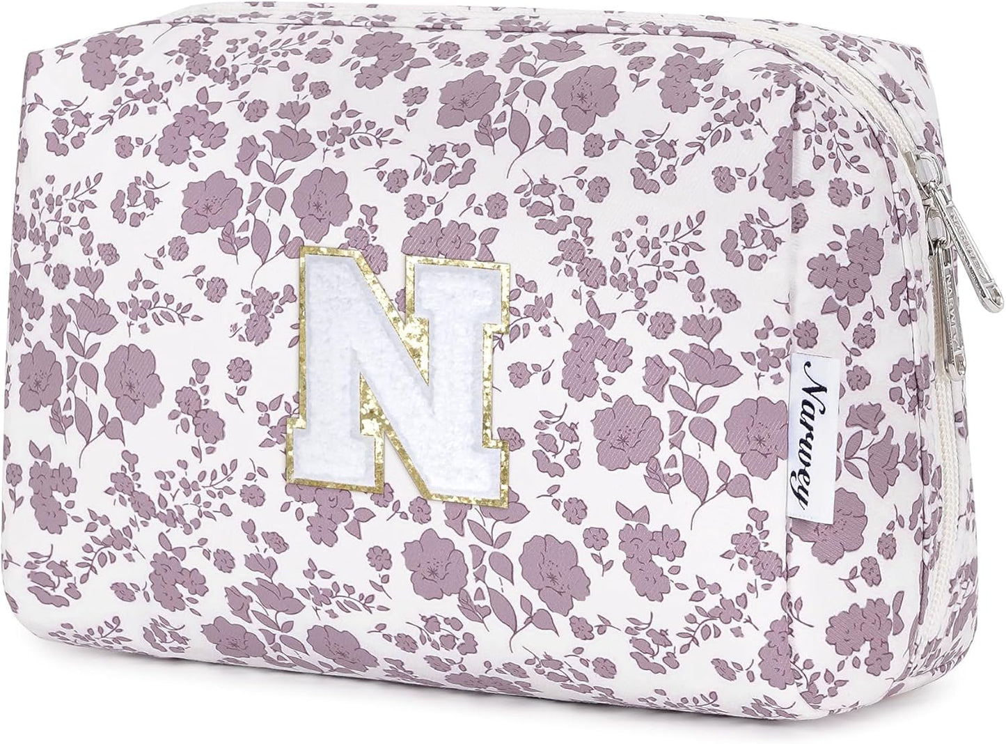 Narwey Birthday Gifts for Teen Girls Kids Women Personalized Initial Floral Makeup Bag Cute Cosmetic Trendy Stuff 6 8 10 11 12 13 14 16 18 Years Old Travel Toiletry Bag (Little Dusty Pink Flower N)