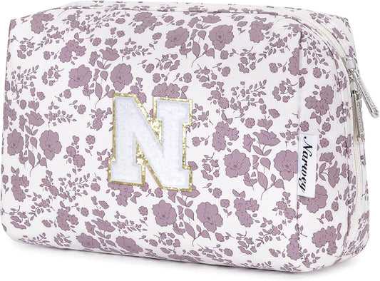 Narwey Birthday Gifts for Teen Girls Kids Women Personalized Initial Floral Makeup Bag Cute Cosmetic Trendy Stuff 6 8 10 11 12 13 14 16 18 Years Old Travel Toiletry Bag (Little Dusty Pink Flower N)