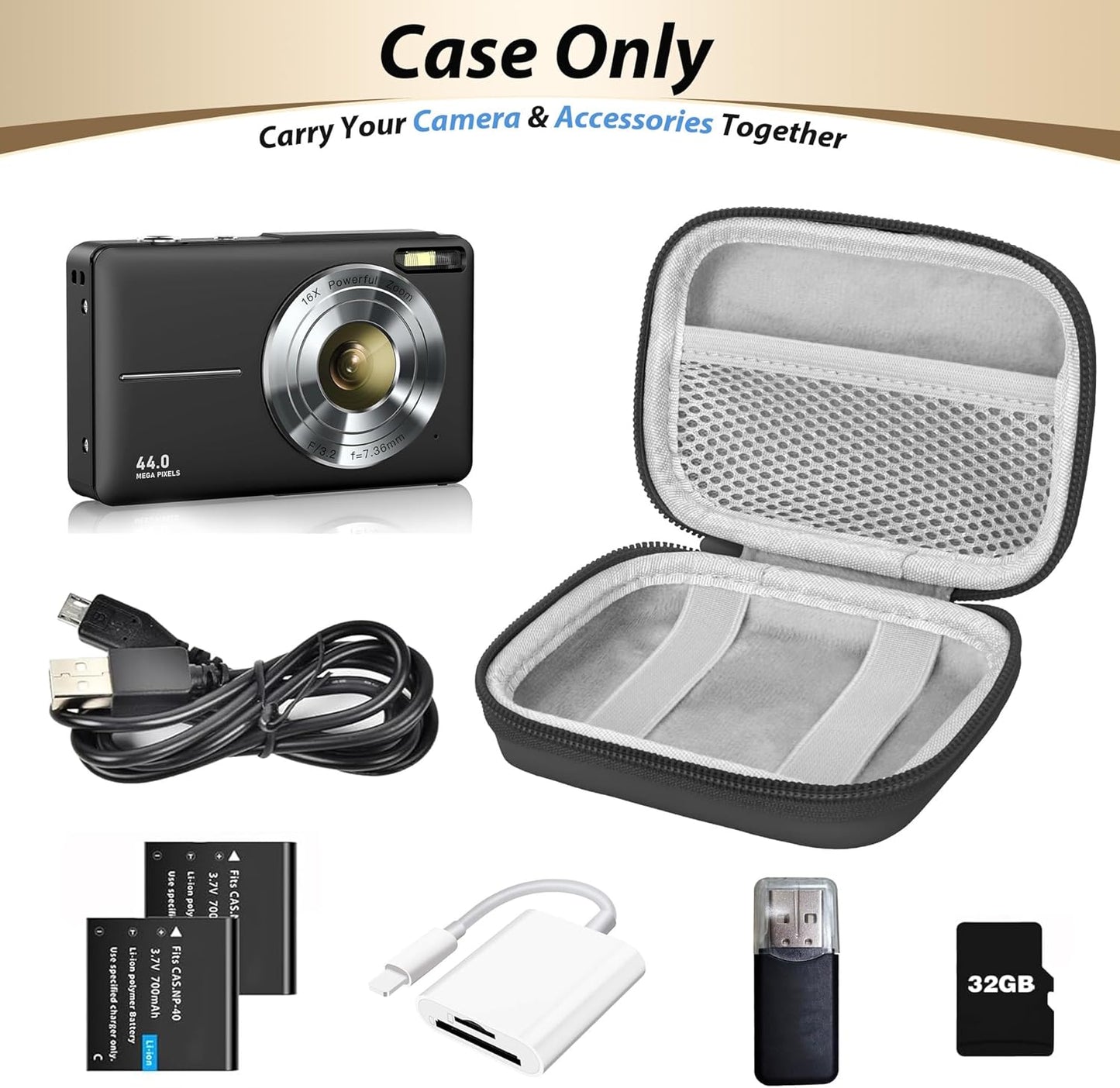 Digital Camera Case for CAMKORY, KODAK PIXPRO FZ45/FZ55, Canon IXUS 285 HS, Lecran, Small Travel Compact Camera Holder with Mesh Pocket for Accessories SD Card (Black-PU)
