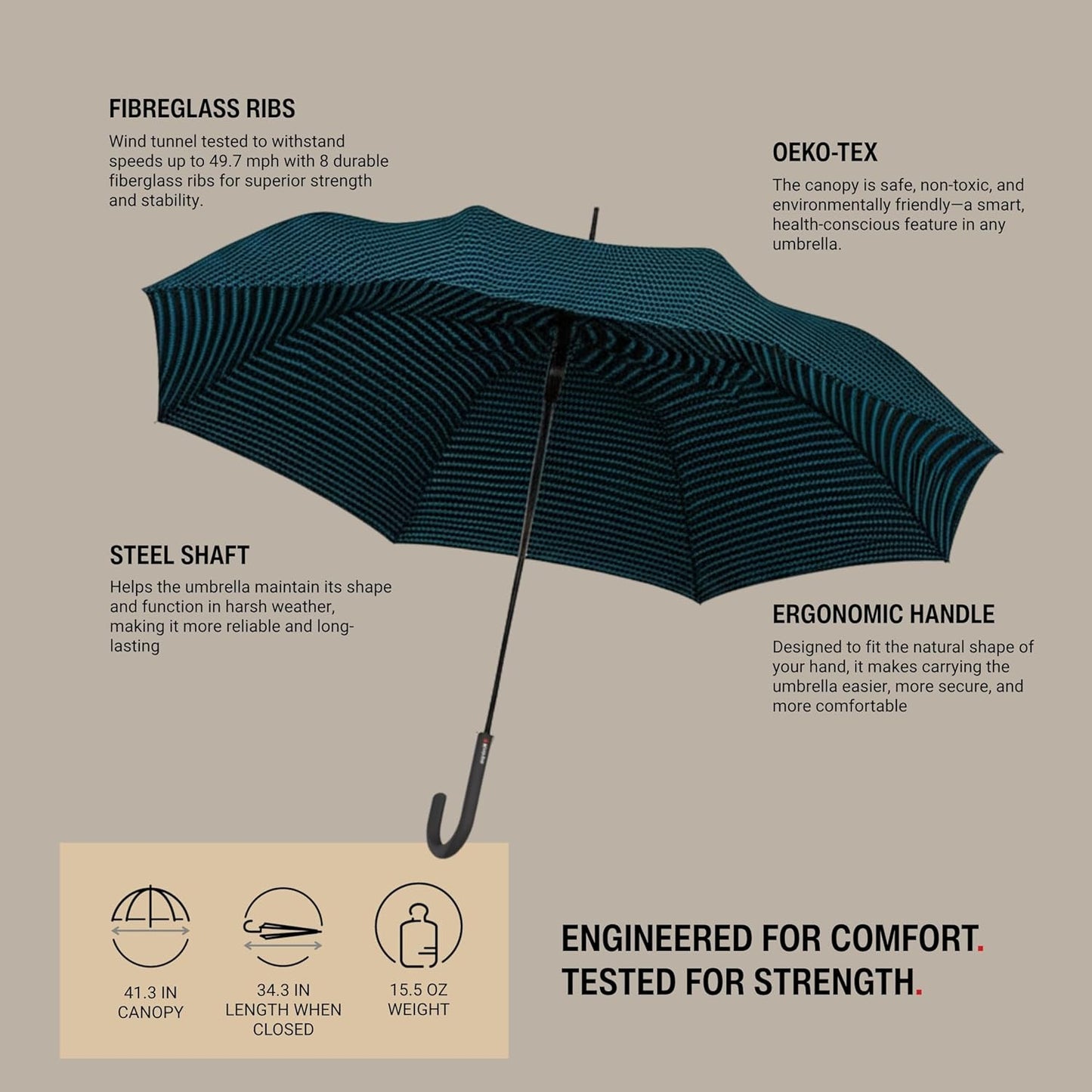 Knirps T.760 Stick Automatic Auto Open Rain Umbrella With Curved Handle - Windproof Travel Cane With Automatic Open Button - For Adults - 107cm Diameter