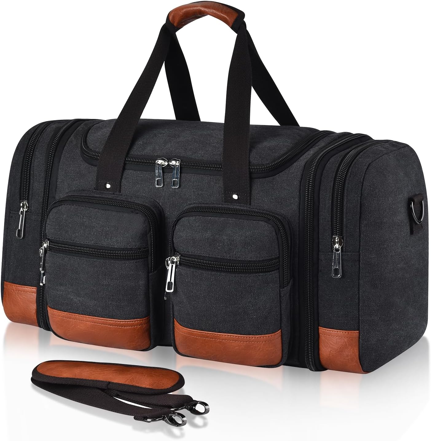 Canvas Duffle Bag For Travel, 50L Expandable Carry on Overnight Travel Duffel Bags with Laptop Compartments Weekend Gym Bag for Men(Black)