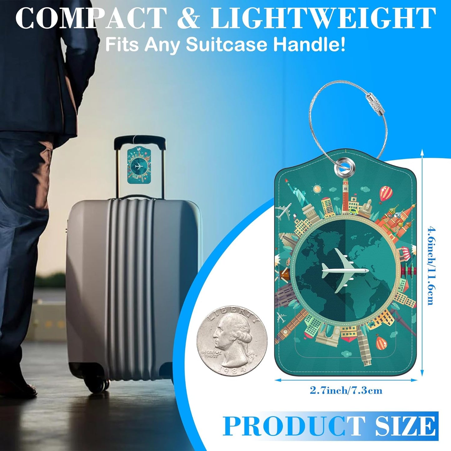 2 Pcs Luggage Tags for Suitcases, Travel Around The World Leather Bag Tags for Luggage Privacy Cover Name ID Label with Stainless Steel Loop Cruise Airport Travel Essentials