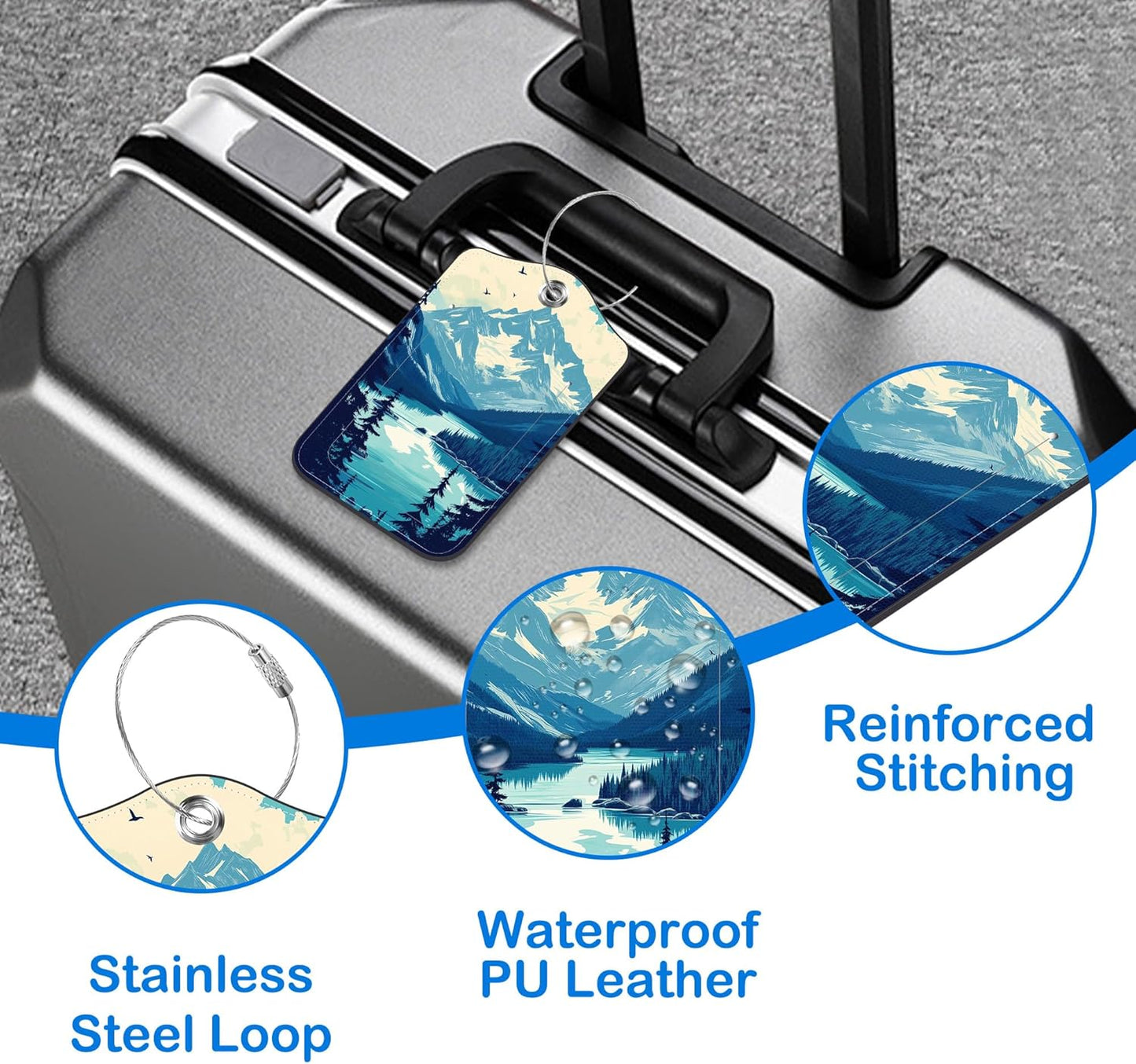 2 Pcs Luggage Tags for Suitcases, Mountain Lake Forest Landscape Leather Bag Tags for Luggage Privacy Cover Name ID Label with Stainless Steel Loop Cruise Airport Travel Essentials