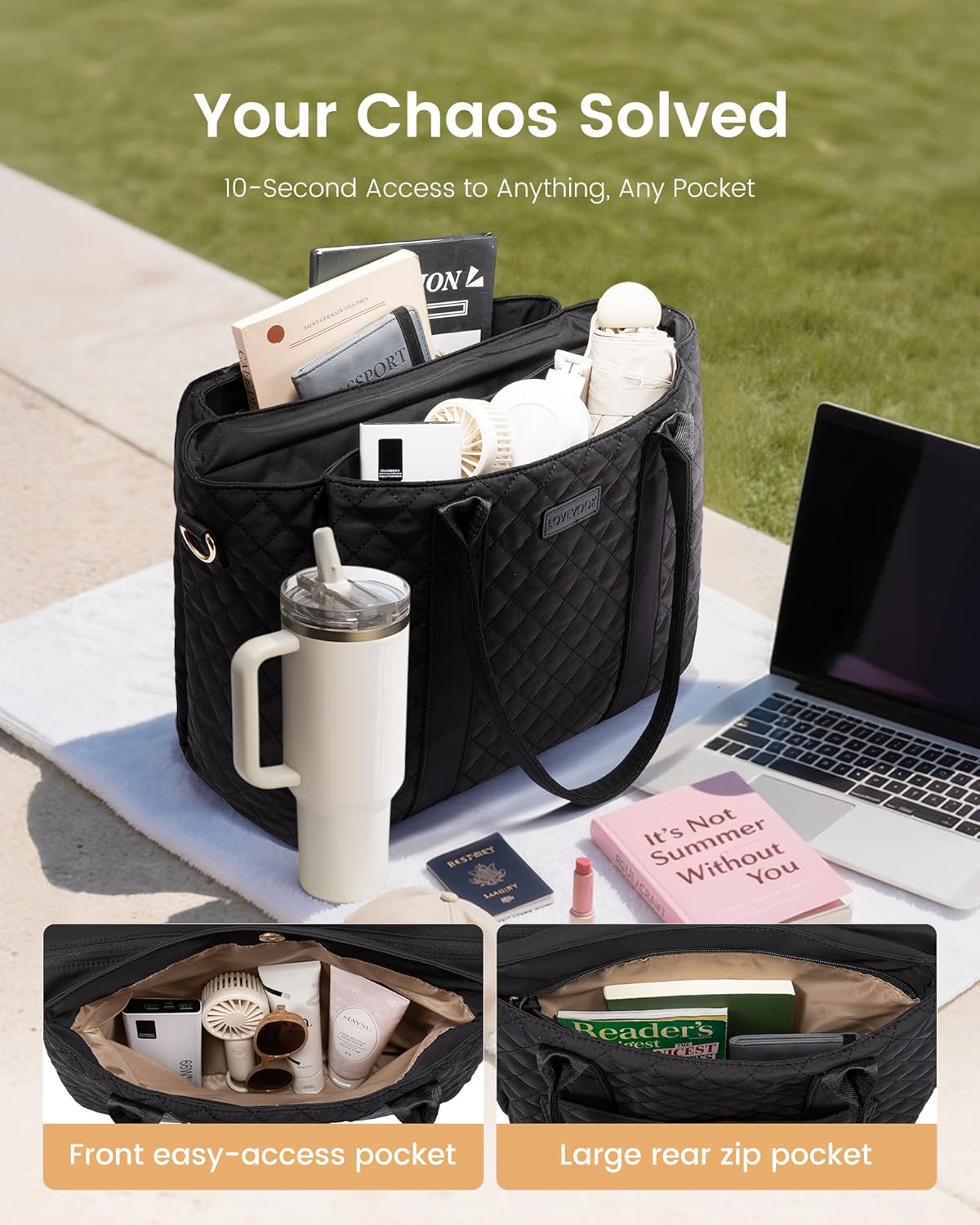 LOVEVOOK Laptop Bag for Women，Work Bag Teacher Tote Bag With Large Cup Holder, Quilted Crossbody