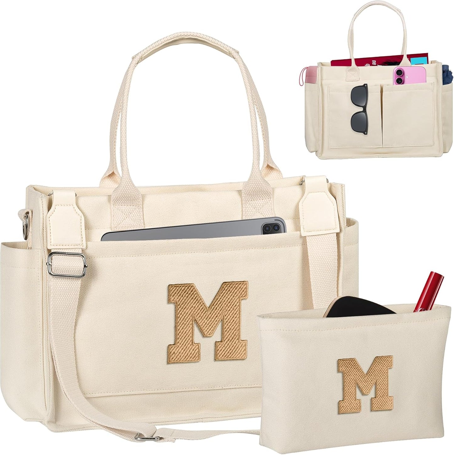 Gifts for Women Teen Girls, Initial Tote Bag with Zipper, Letter Canvas Tote Purse for College Work Laptop Beach