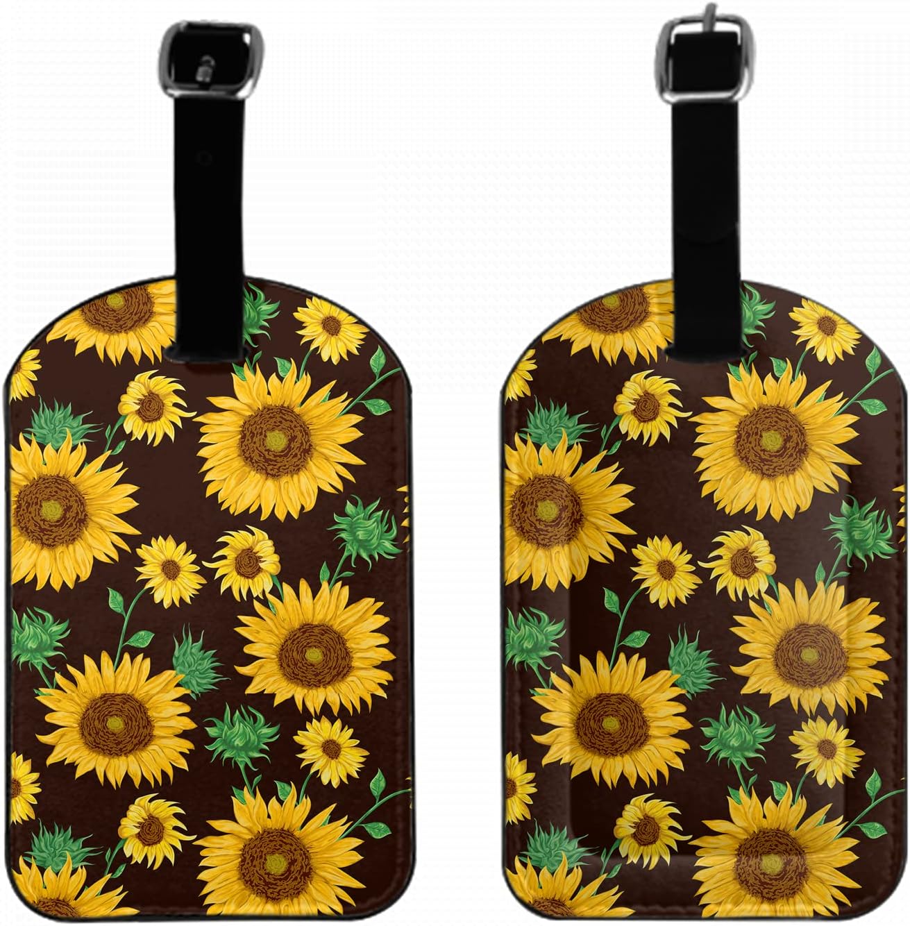 Bright Sunflower Suitcase Tags Identifiers Flower Bud Leaves Watercolor PU Leather ID Label for Women Men Travel Baggage Bag Tags Set, 1 Pack Black