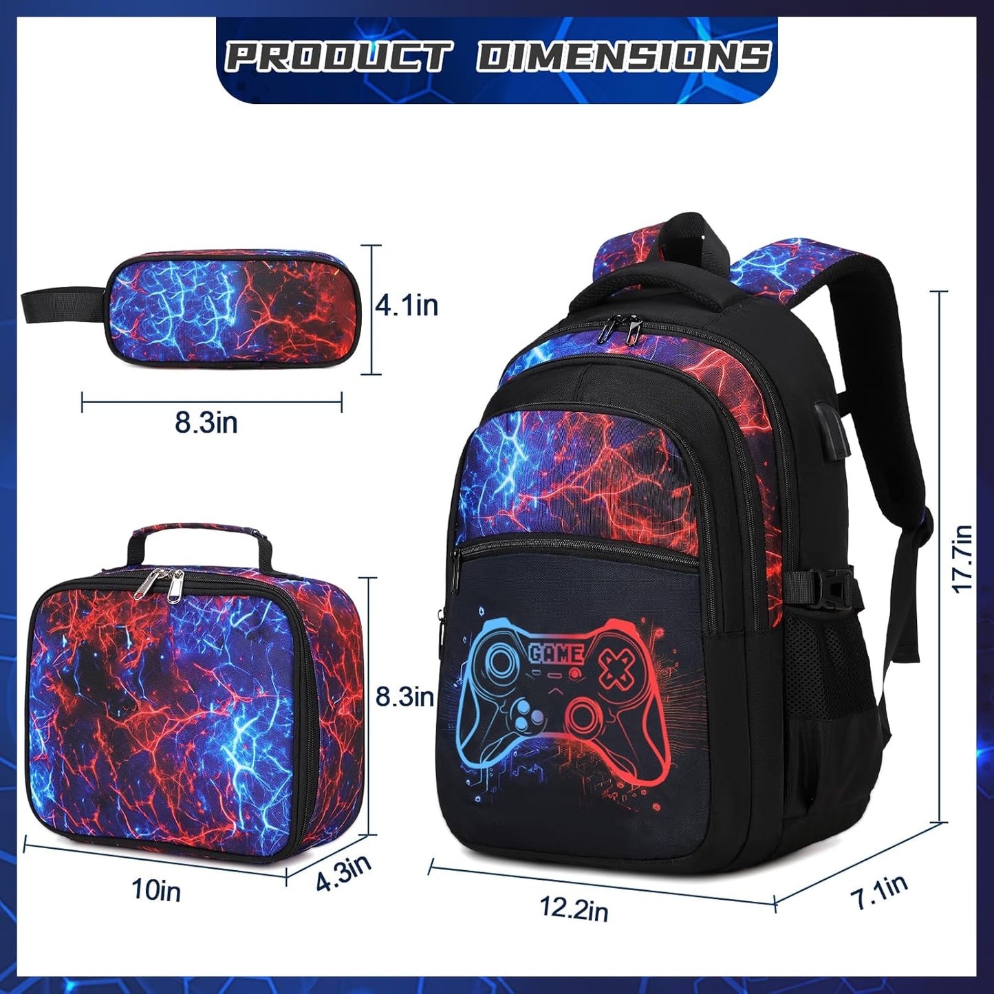Boys Backpack for School, 3PCS Cool Luminous Gamer Backpack for Boys with Lunch Box Pencil Case, Kids Backpacks Bookbag for Teen Boy Elementary Middle High School with USB Charging Port