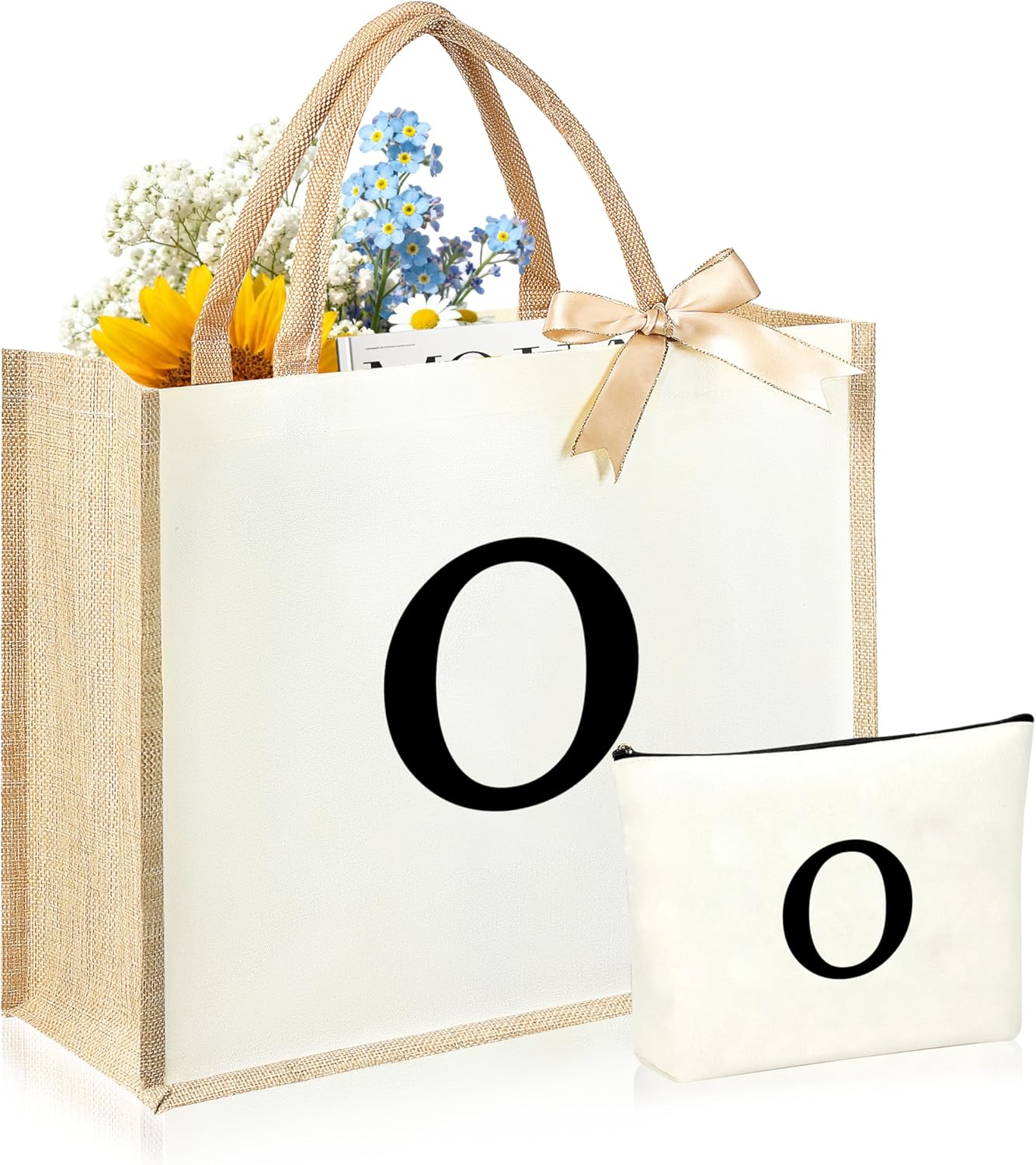 Initial Canvas Tote Bag & Makeup Bag for Women Teacher Bridesmaids，Personalized Present for Wedding, Birthday, Beach
