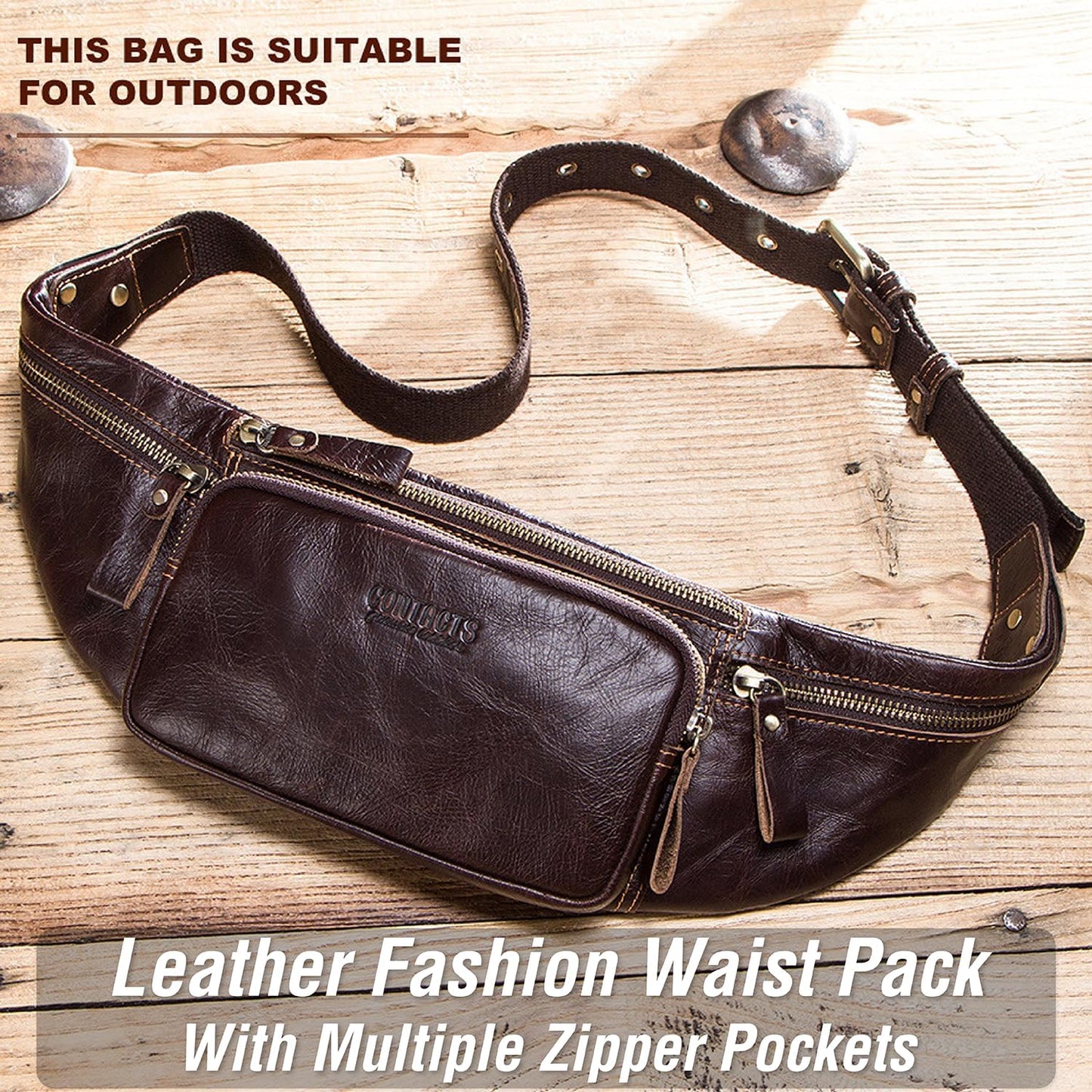 Top Grain Genuine Leather Slim Waist Pack for Man & Woman, Vintage Design & 4 Zipper Pockets & Adjustable Strap, Handmade, Large Capacity Fanny Pack Crossbody Belt Bag for Travel or Ride, Dark Coffee