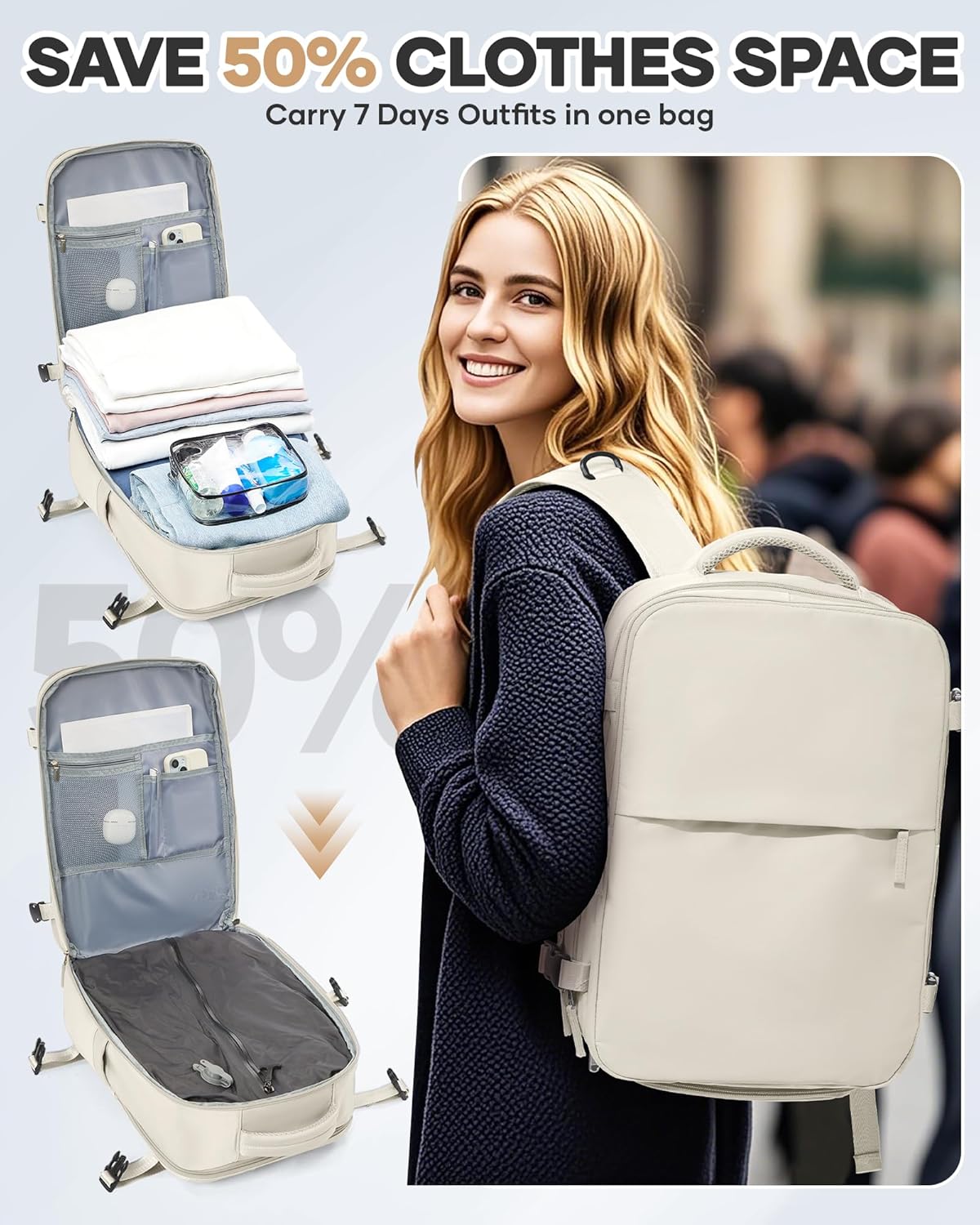 Vacuum Seal Travel Backpack with Air Pump,Compression Vacpack Waterproof Carry On Backpack for Travel Women Men with Vacuum System,Airlines Approved Daypack Laptop Space Saver Bags,Beige