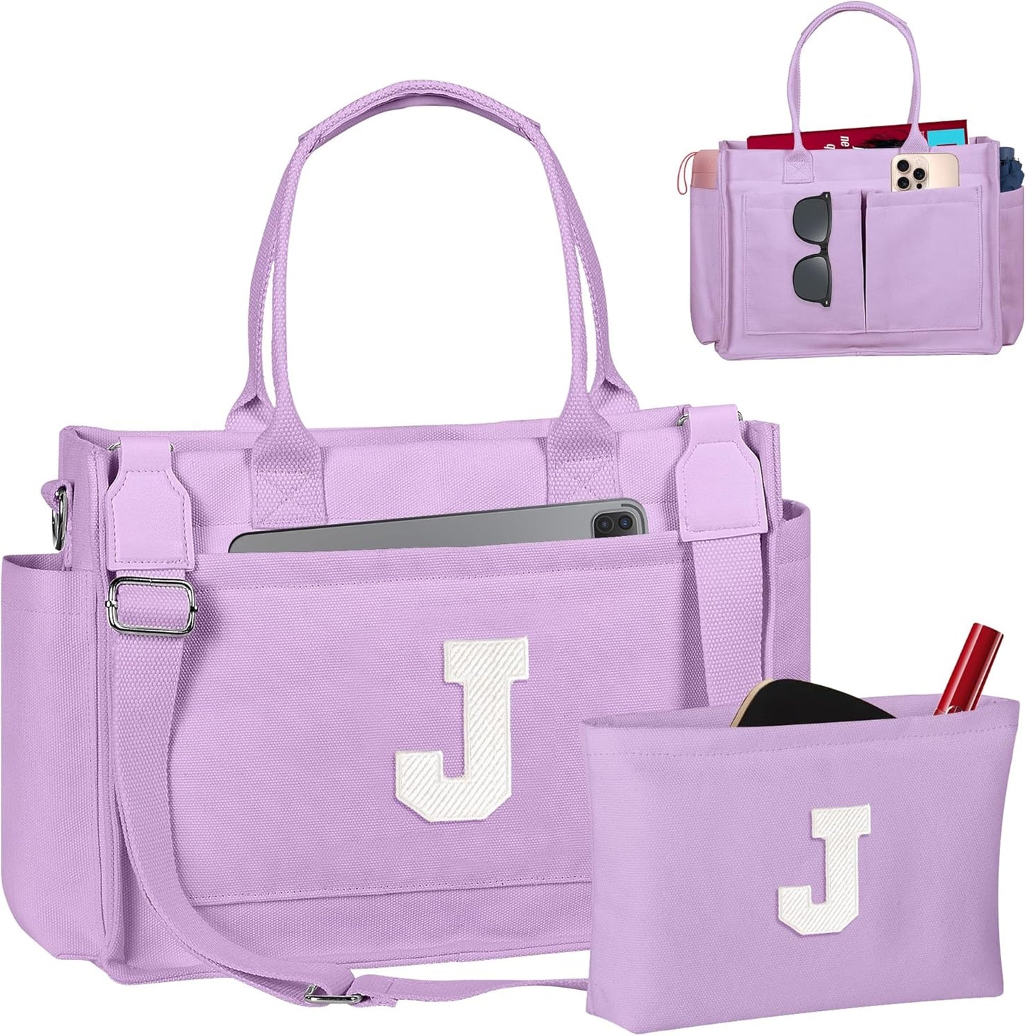 Gifts for Women Teen Girls, Initial Tote Bag with Zipper, Letter Canvas Tote Purse for College Work Laptop Beach