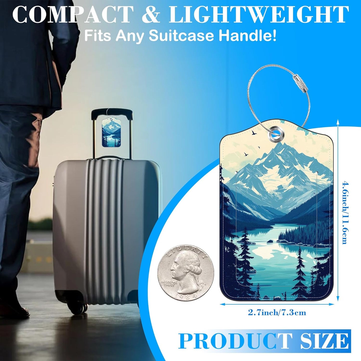 2 Pcs Luggage Tags for Suitcases, Mountain Lake Forest Landscape Leather Bag Tags for Luggage Privacy Cover Name ID Label with Stainless Steel Loop Cruise Airport Travel Essentials