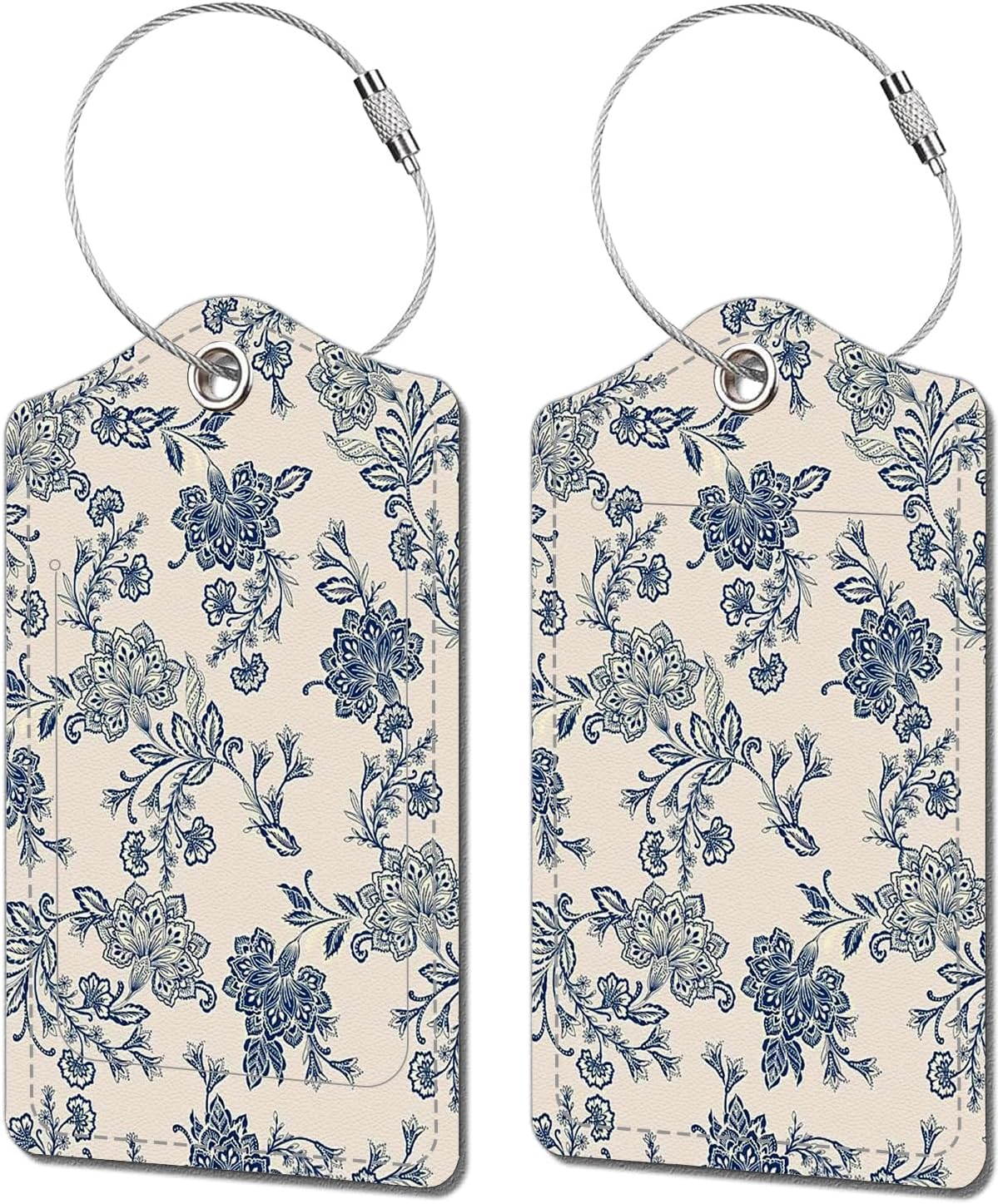 2 Pack Luggage Tags for Suitcase, Retro Vintage Flower 2 Pcs Leather Suitcase Tags Cruise Ship with Privacy Cover and Double Metal Loop for Women Men Girls Boys Travel Baggage Bag Backpack Tags