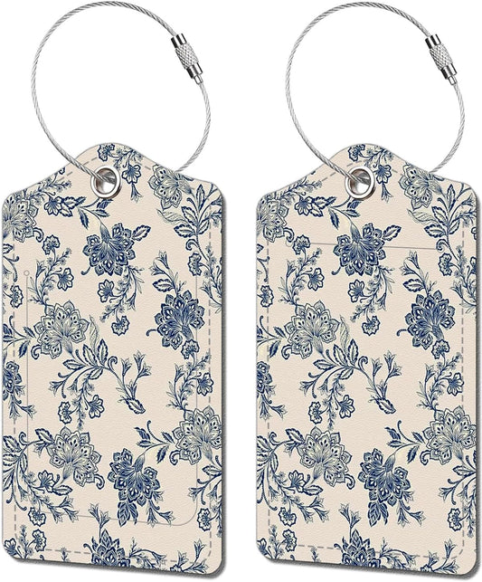 2 Pack Luggage Tags for Suitcase, Retro Vintage Flower 2 Pcs Leather Suitcase Tags Cruise Ship with Privacy Cover and Double Metal Loop for Women Men Girls Boys Travel Baggage Bag Backpack Tags