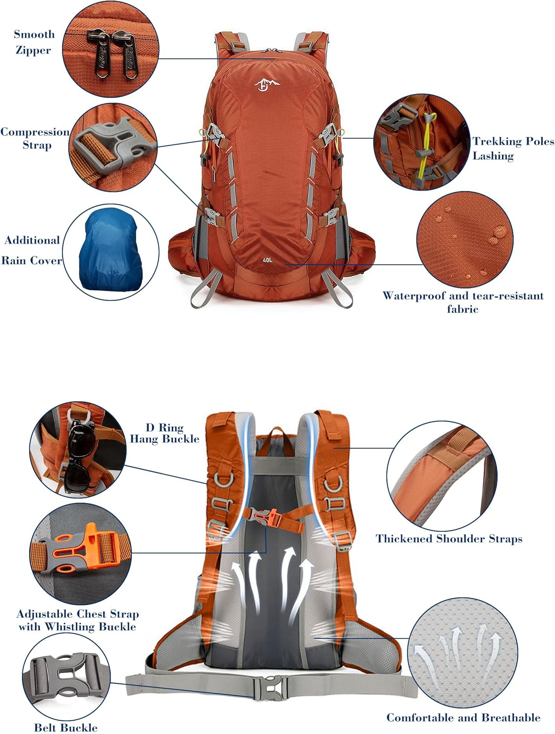 Long Keeper 40L Hiking Backpack Camping Daypack with Waterproof Rain Cover Lightweight Outdoor