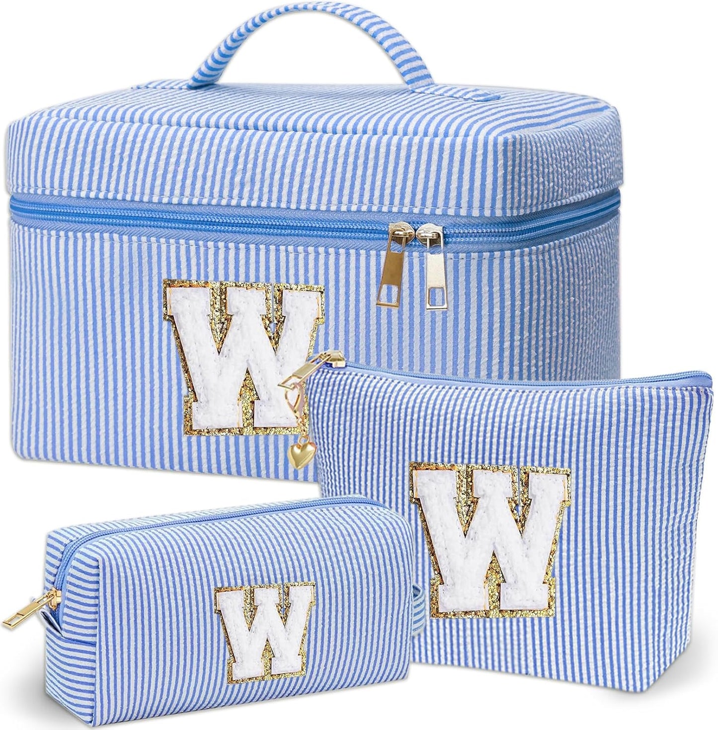 Personalized Monogram Makeup Bag, 3PCS Custom Monogrammed Toiletry Cosmetic Bag for 6-18 teen girls women,Birthday Graduation Gifts initial pouch makeup bags for women girls, make up bag (W, Blue)