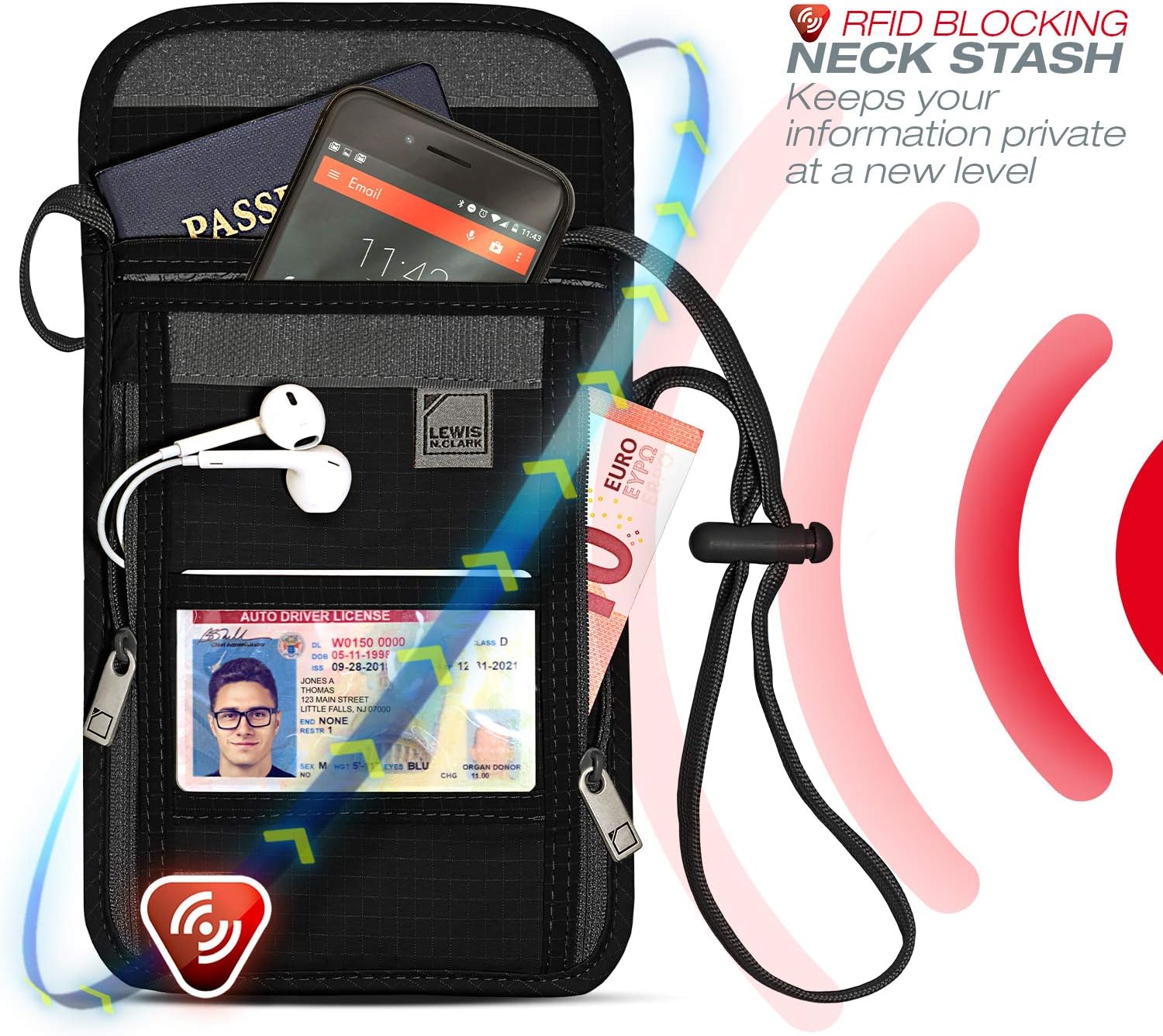 Lewis N. Clark RFID Blocking Stash Neck Wallet, Travel Pouch + Passport Holder for Women & Men