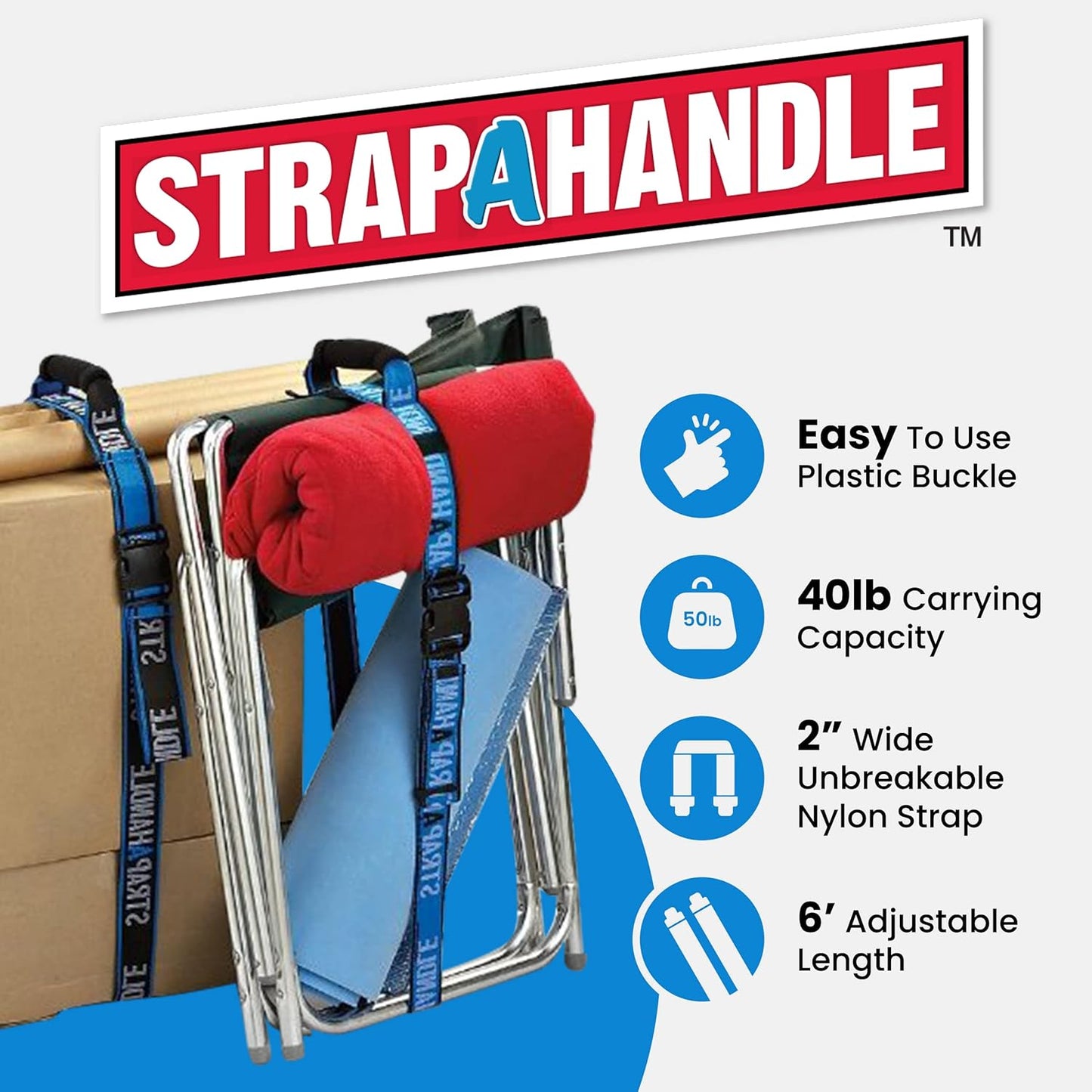6' Carrying Strap with Handle | Adjustable Belt | Heavy Duty, Easy, Safe, Secure, Lifting, Moving, Carry Strap for Boxes, Groceries | Best Luggage Strap (Strap-A-Handle 6ft. Length, 40lb. Capacity)