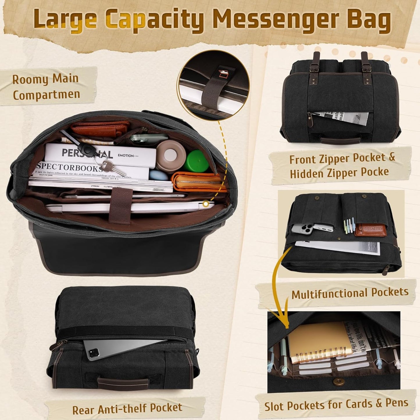 RAINSMORE Mens Messenger Bag 17-17.3 Inch Vintage Canvas Briefcase Water-resistant Large Computer