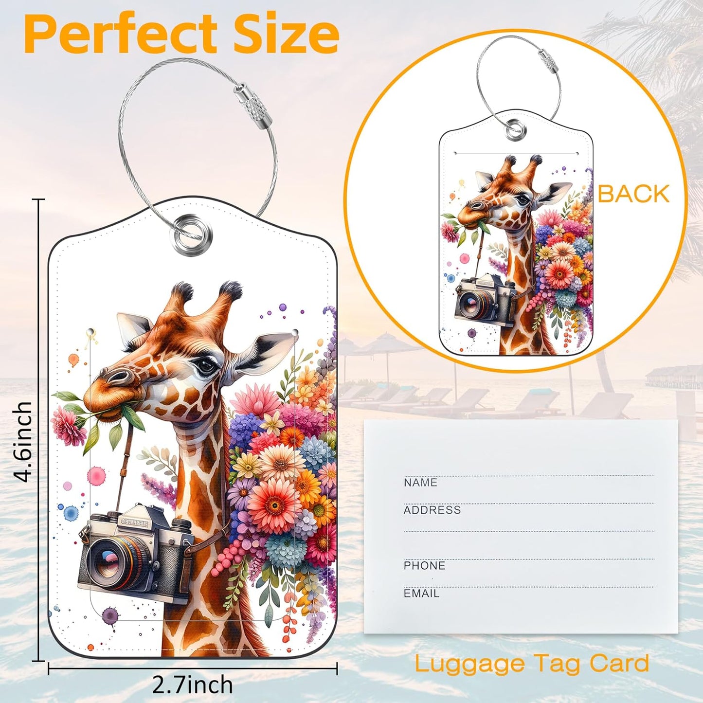 3 Pack Luggage Tags for suitcases Cute Giraffe Leather Luggage Tag, Identifiers with Privacy Name ID Label and Metal Loop for Men Women Travel Bag Suitcase