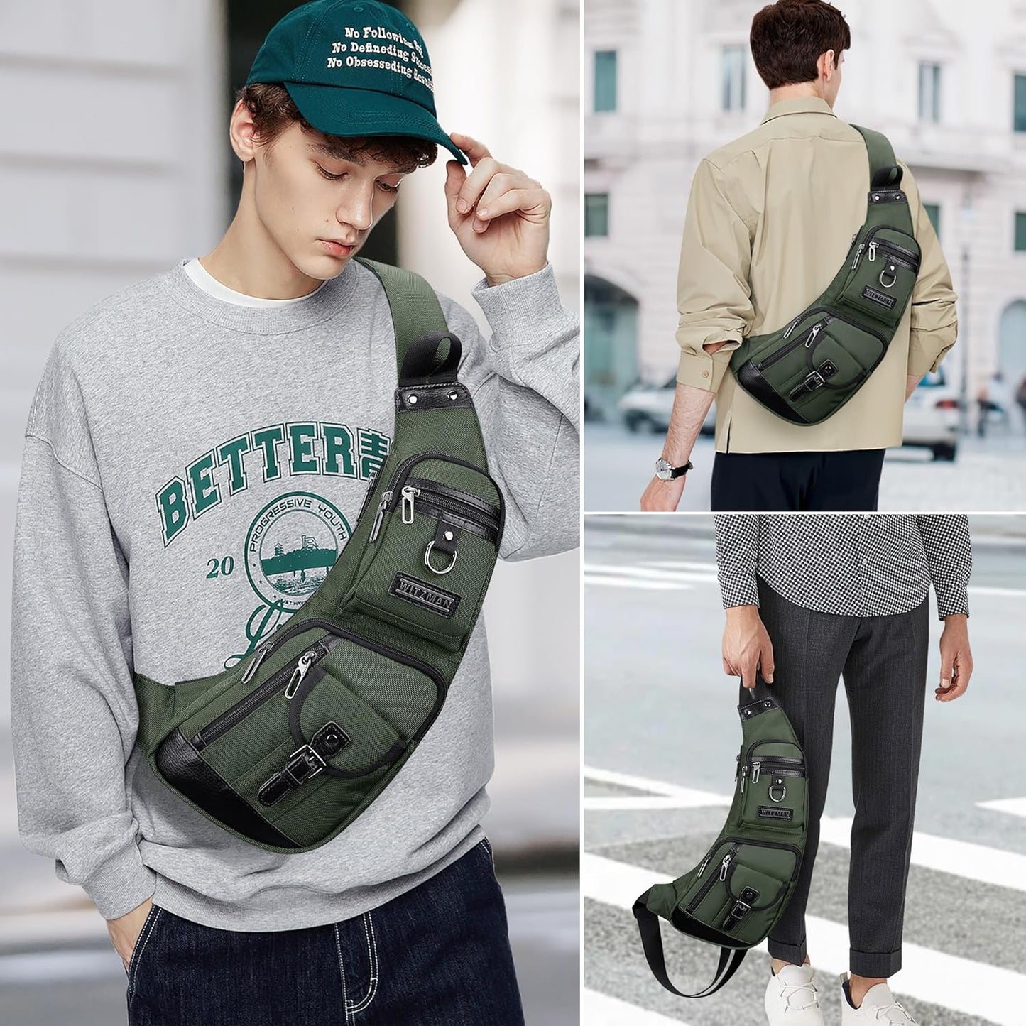 WITZMAN Sling Bag for Men Crossbody Bags Travel Slim Chest Bag One Strap Lightweight Casual Daypack