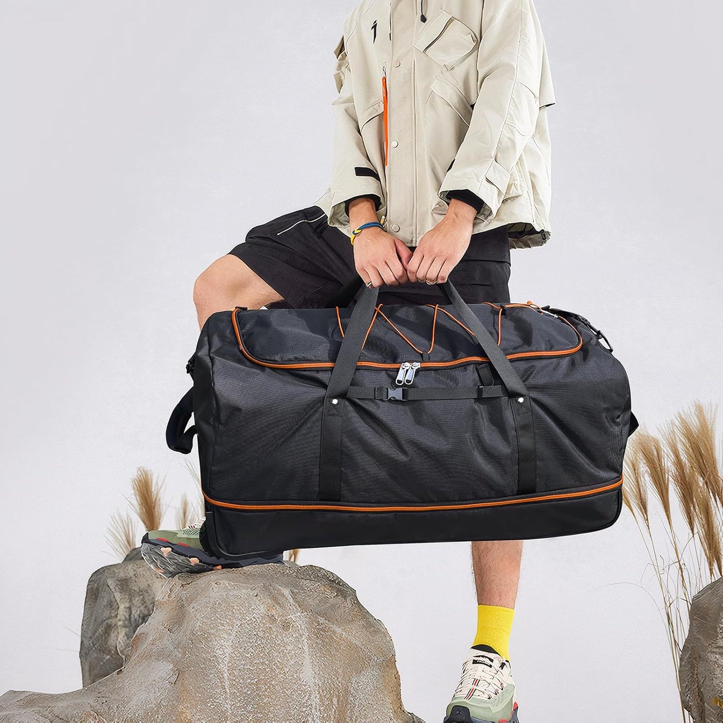 32” 1680D Oxford Foldable Duffle Bag with 2 Wheels,110L to 140L Expandable Soft Sided Rolling Travel Bag,Black-orange