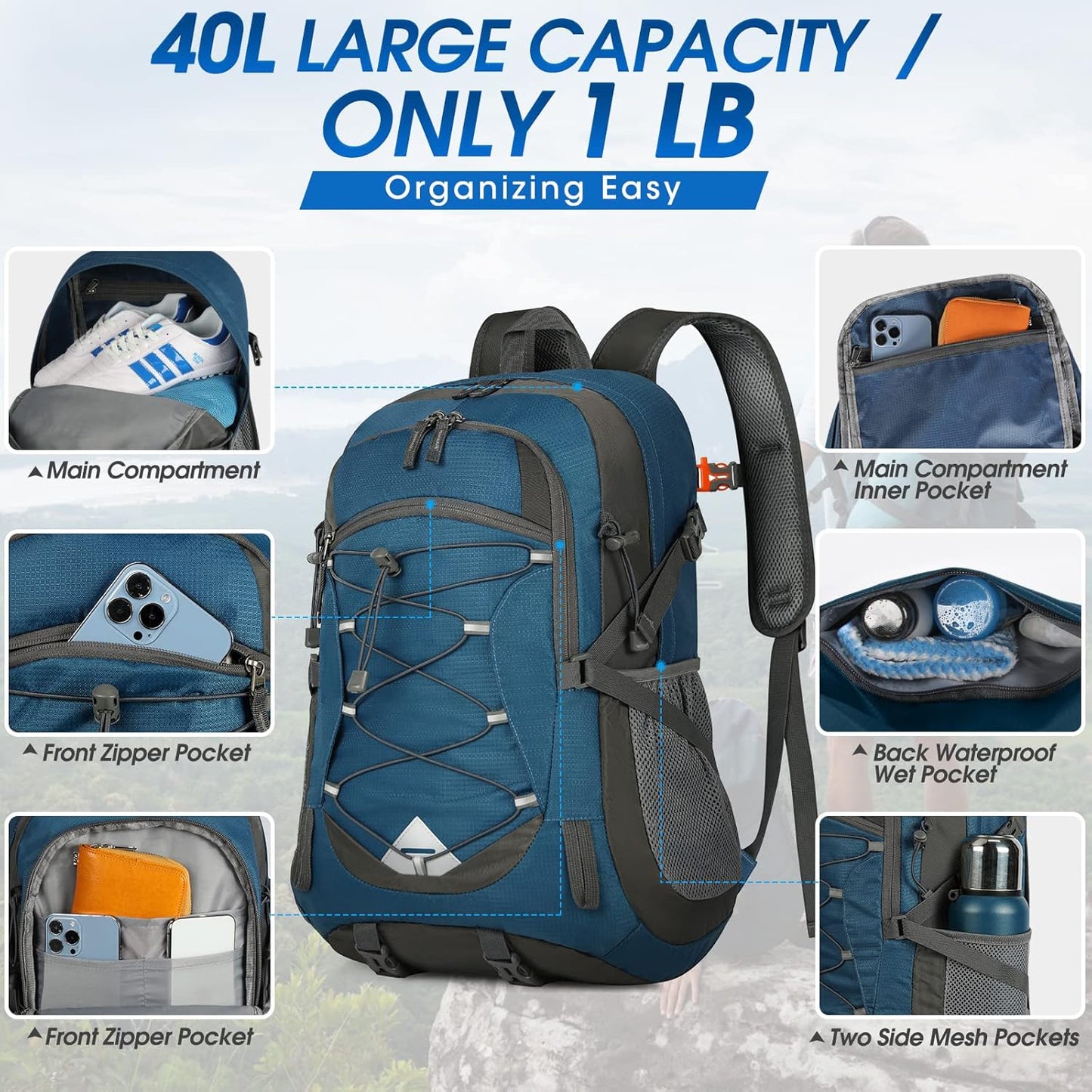 IGOLUMON Hiking Backpack 40L Packable Lightweight Camping Backpack Men Women Waterproof Hiking