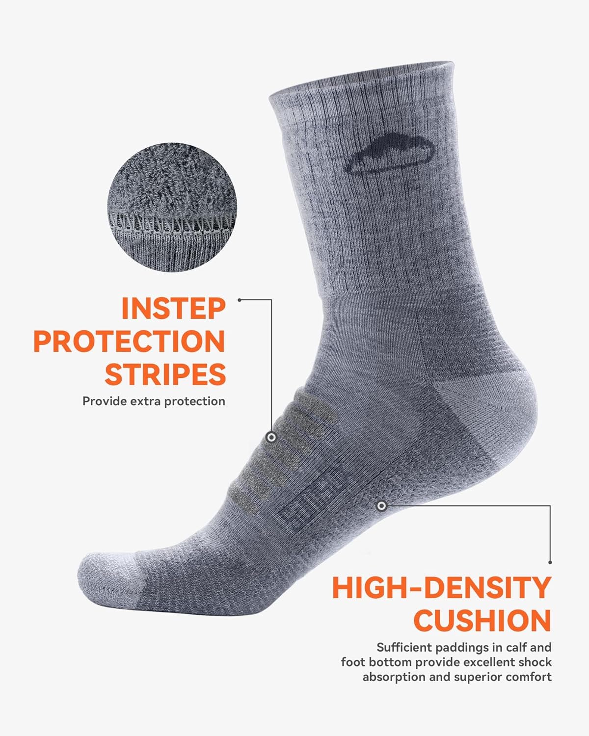 2 Pack Merino Wool Hiking Socks, Made in USA, Moisture Wicking Cushion Socks for Men & Women