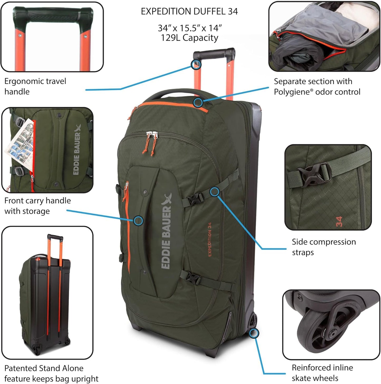 Eddie Bauer Expedition 34 Duffel 2.0 - Lightweight Travel Luggage Made From Rugged Polycarbonate and Nylon, True Blue