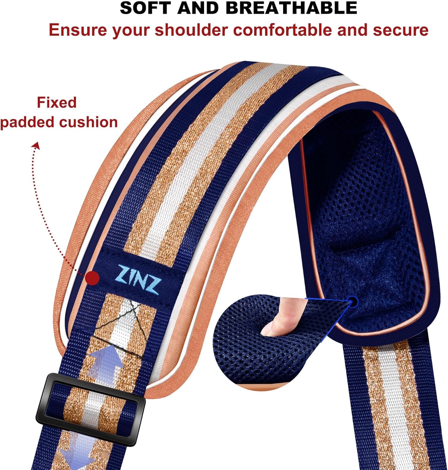 ZINZ Shoulder Strap - 59 Inch Universal Heavy-duty Adjustable Strap with Ultra-thick Fixed Breathable Pad for Laptop, Gym, Camera Bag and More - Blue Gold Jacquard