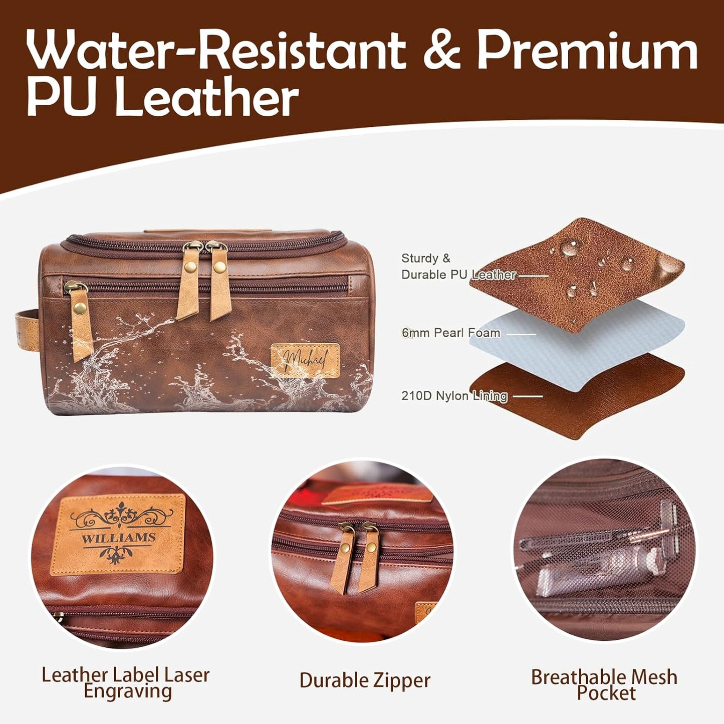 Bleggeit Personalized Toiletry Bag for Men, Laser Engraving on Leather Label, Waterproof PU Leather Toiletry Bag, Men's Travel Accessories, Gifts for Men, Dad, Husband, Boyfriend, Birthday Xmas Gifts