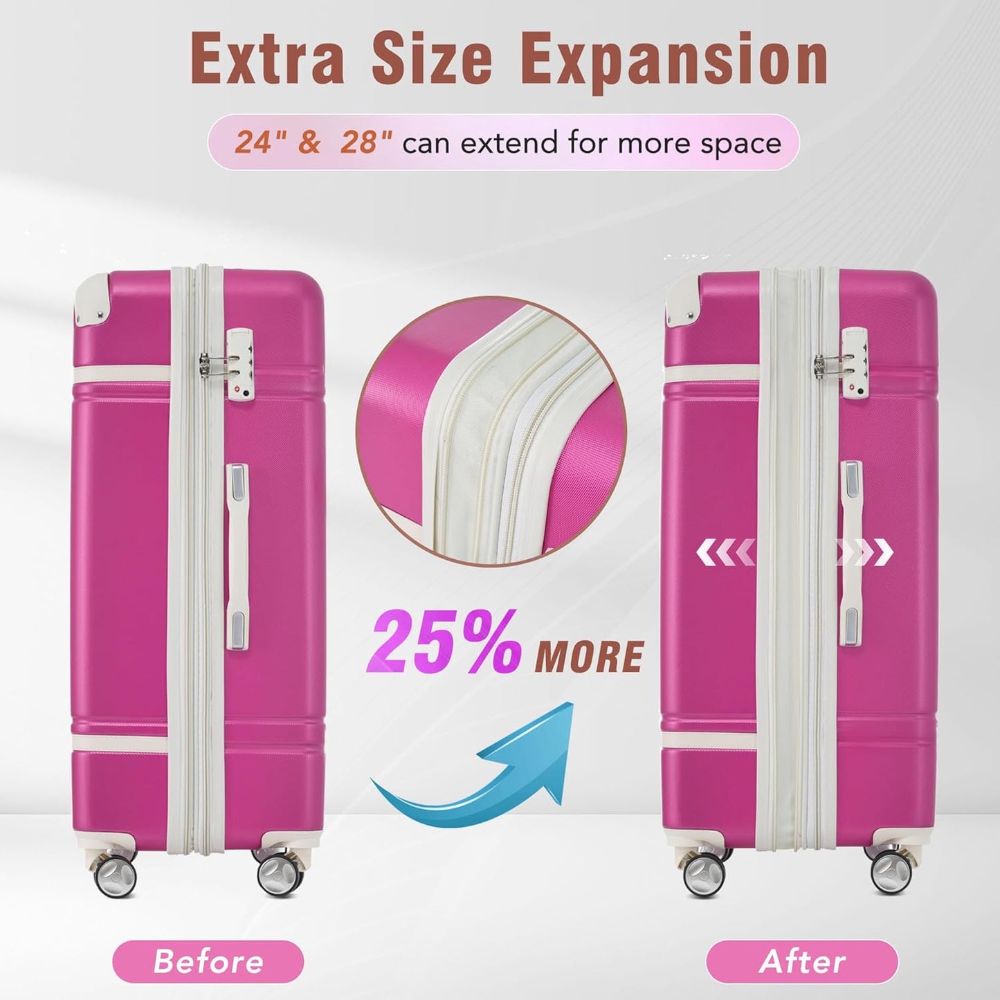 Merax Luggage Set 3 Piece Suitcase Set with Cosmetic Case Expandable Spinner Wheels Vintage Luggage Sets(Pink,20"+24"+28")