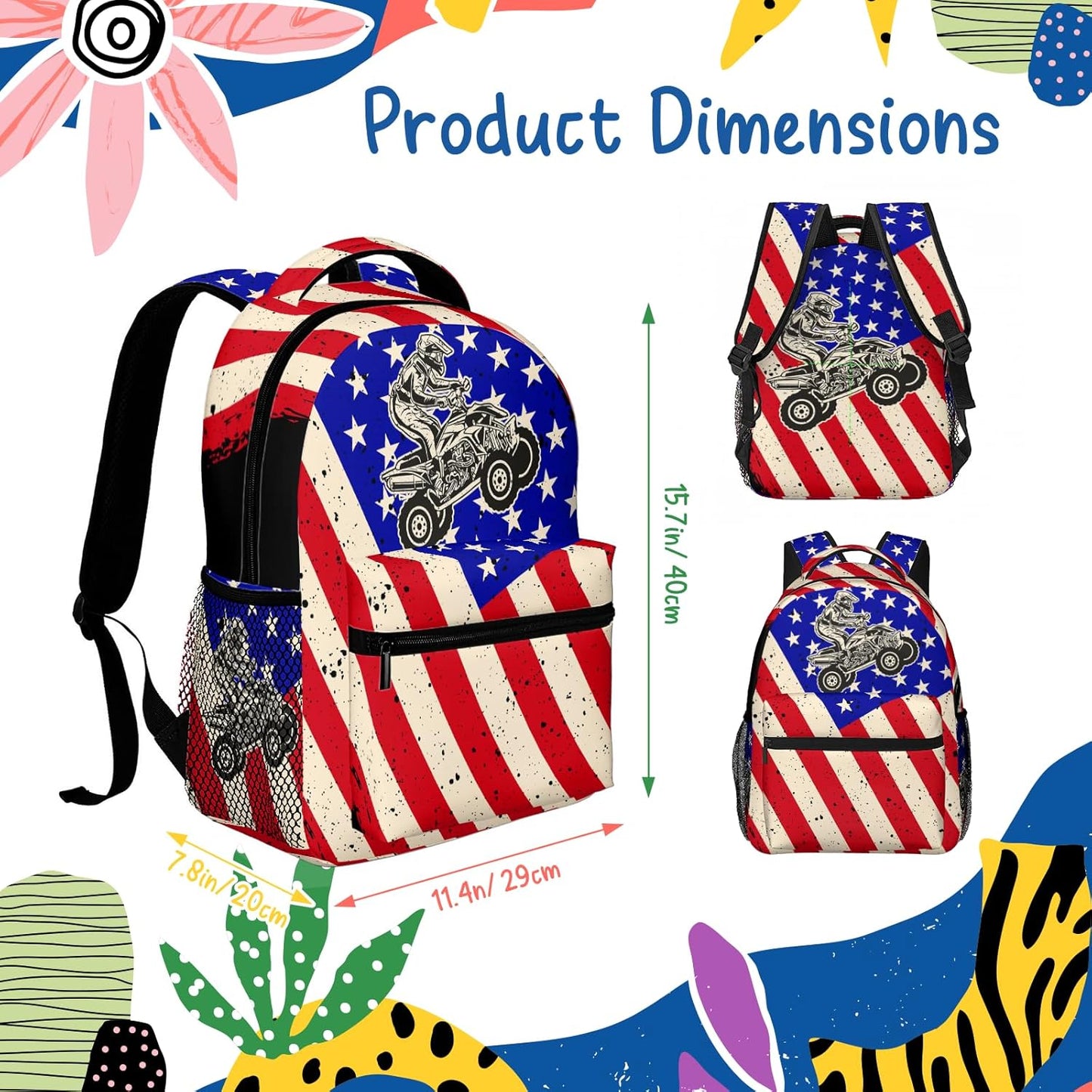Motorcycle Us Flag Kids Backpack For Boys Girls Elementary American Patriotic Flags Schoolbag Kindergarten Bookbags Preschool School Bag Toddler Book Bags Travel Bag Hiking Camping Rucksack Daypack