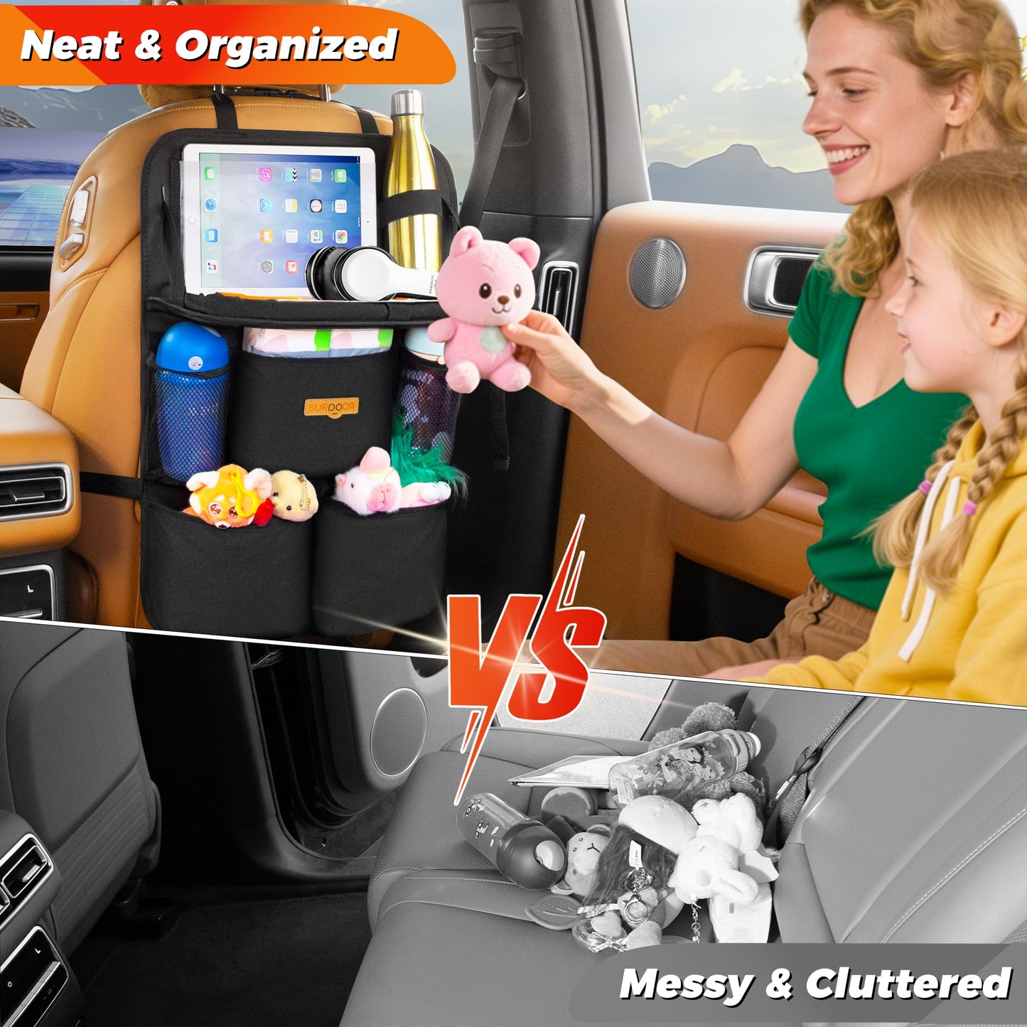 SURDOCA Backseat Car Organizer with Foldable Tray for Kids & Adults – NEW MODEL Seat Storage with