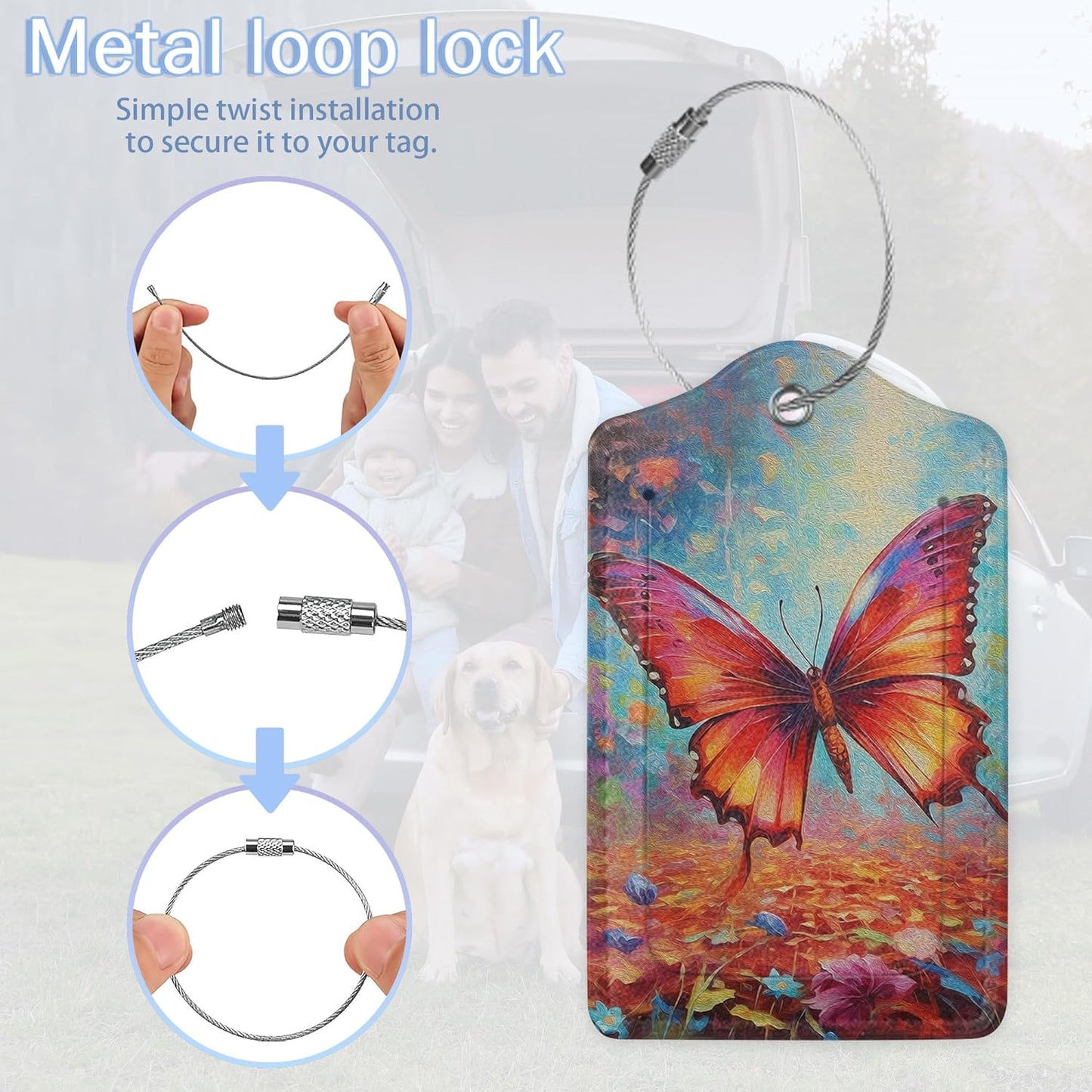 3 Pack Luggage Tag for Suitcase,Butterfly Leather Luggage Tag with Privacy Flap,Name ID Label and Metal Loop for Women Men Travel/Cruise Ships/Shipping/Mailing