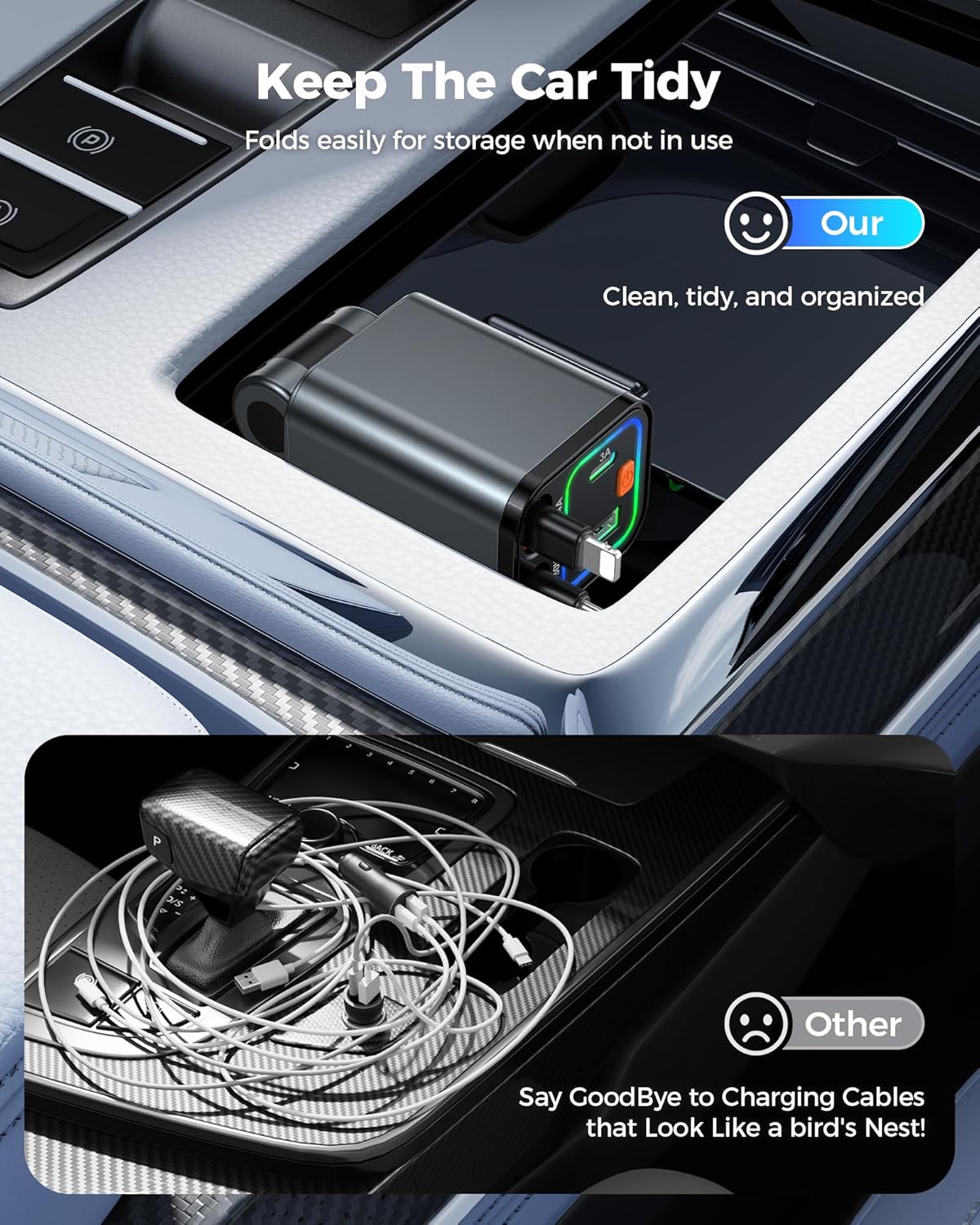 Retractable Car Charger 84W, 4-in-1 Fast Car Charger with Retractables 2.6ft, Cigarette Lighter Charging Block USB+USB C Cube for iPhone 13 14 15 16 17 Pro Max,Plus,Samsung Galaxy,Pixel