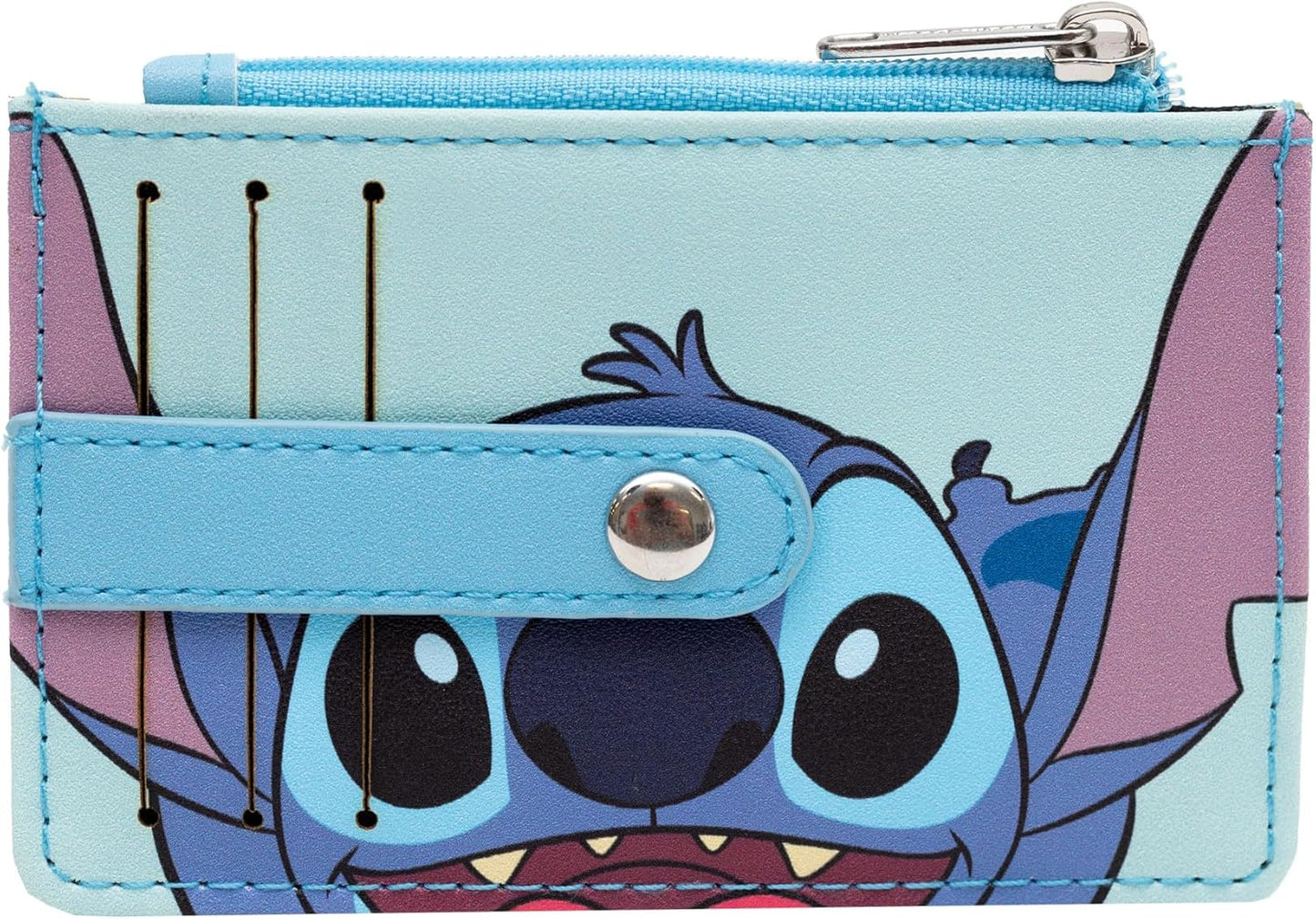 Buckle-Down Disney Wallet, Wallet ID/Card Holder, Lilo and Stitch Stitch Smiling Face Close Up Baby Blue, Vegan Leather