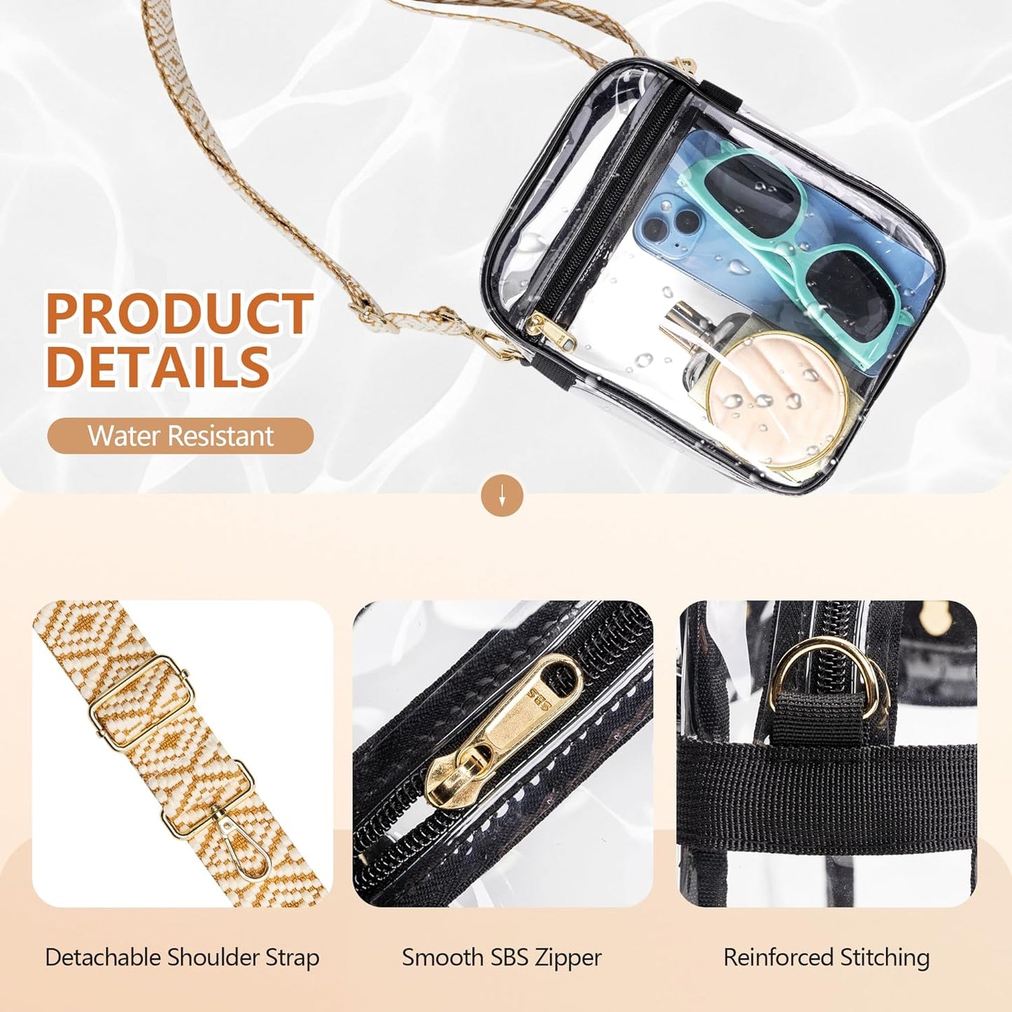 Clear Bag for Stadium Events, Clear Purse with Removable Strap, Messenger Bag for Concert Work Sports and Fetivals
