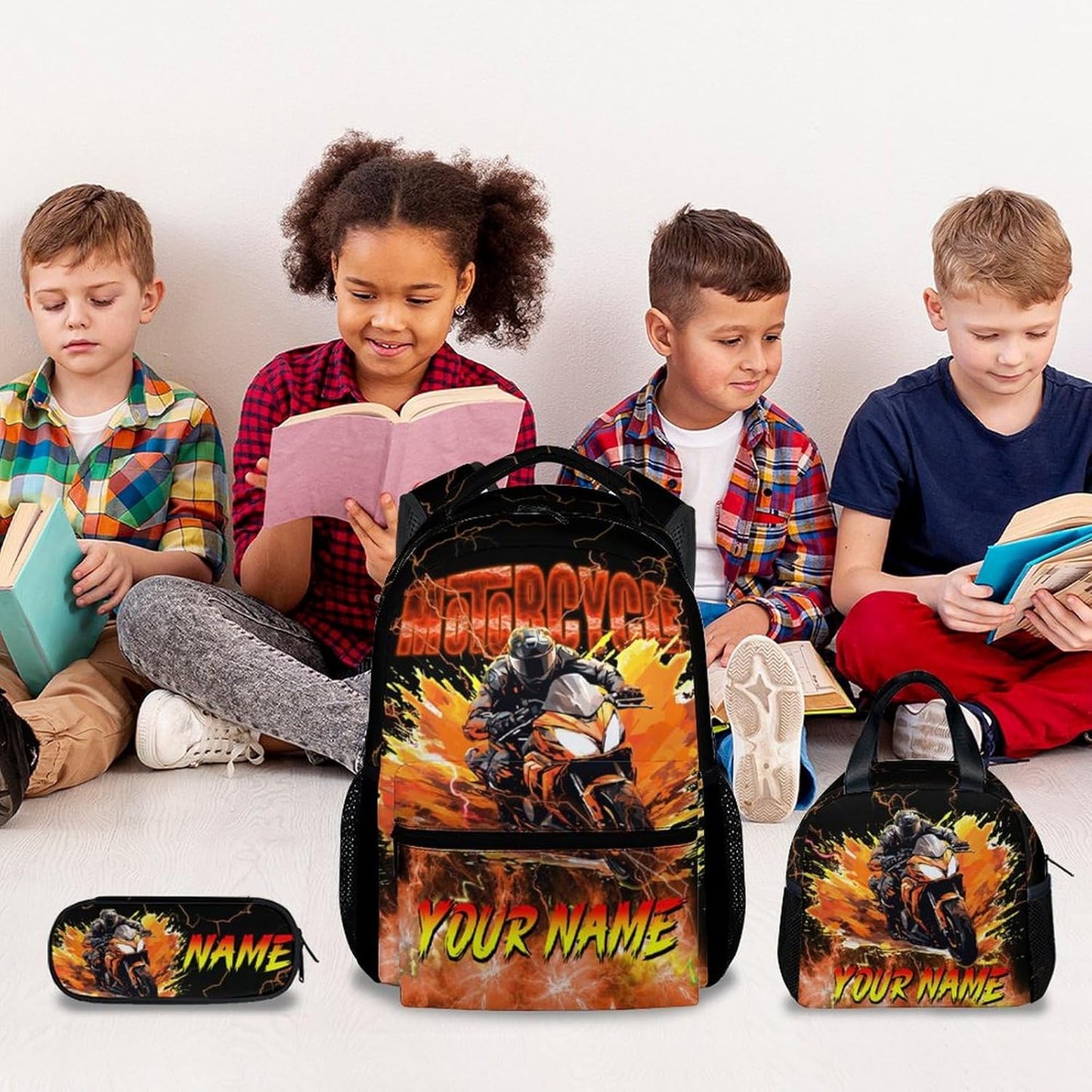 Boys Backpack Set, Personalized Kids Backpack with Lunch Box, Motorcycle Bookbag for School, 17 Inch Custom Car Bookbag, Durable School Supplies