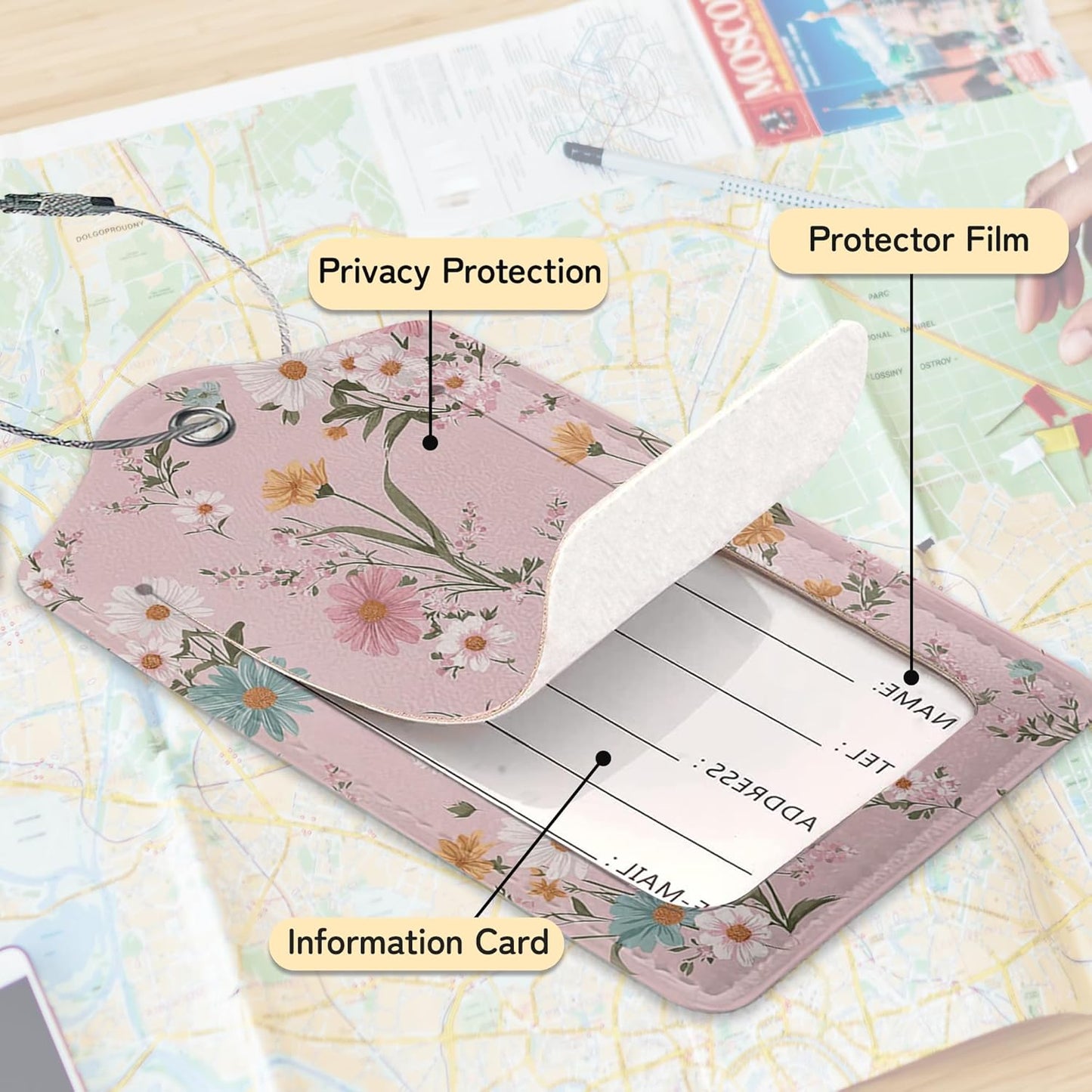 3 PCS Herbs Wild Flowers Luggage Tags,Vintage Floral Suitcase Tags Privacy Cover ID Label with Stainless Steel Loop and Address Card for Travel Bag Suitcase