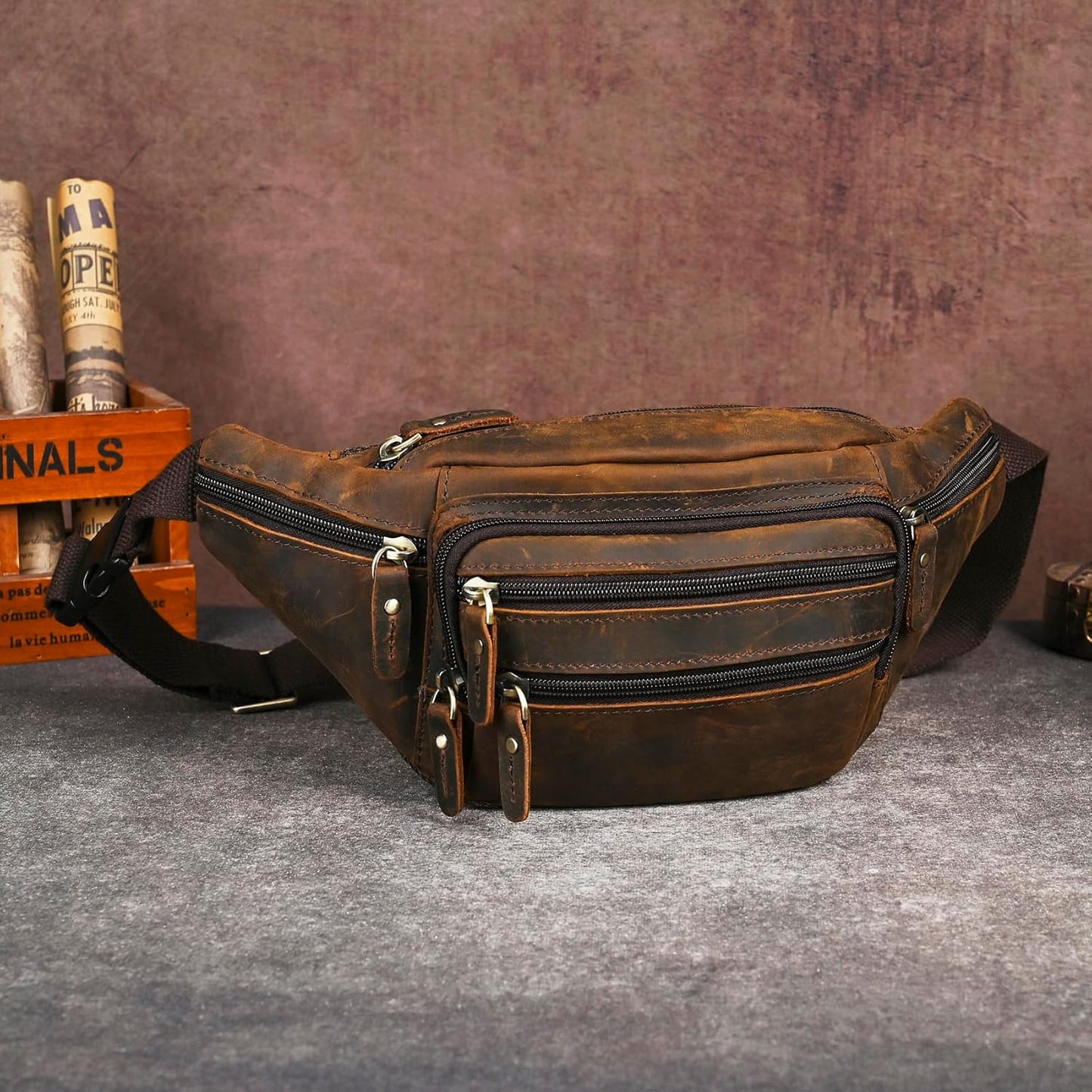 Thick Crazy Horse Leather Hiking Riding Travel Outdoor Belt Bag Fanny Waist Pack Small Phone Pouch For Men Women 380 (383 Brown)